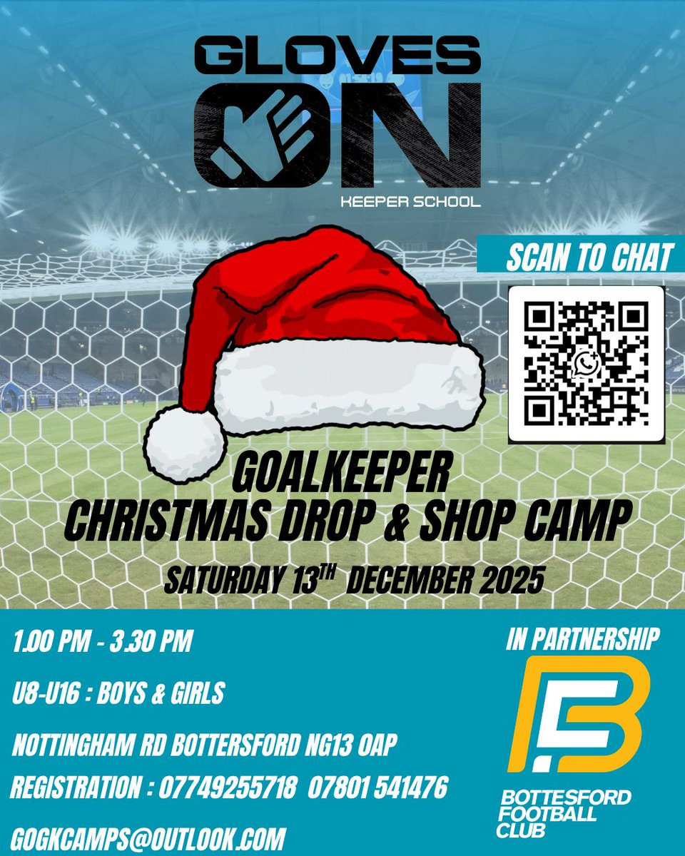 🎄 Christmas Goalkeeper Camp! 🎄
Bottersford, Nottinghamshire
Saturday 13th December
1:00 pm – 3:30 pm

Join us for a festive, high-energy goalkeeper training session!
Improve your shot-stopping, distribution, handling

📱 Sign up: 07749 255718
📧 Email: gogkcamps@outlook.com