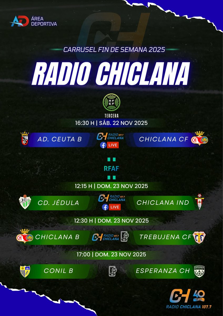 ⚽️ #FÚTBOL en Radio Chiclana
Carrusel de #ÁreaDeportiva fin de semana 22-23 de noviembre 2025

radiochiclana.es | 107.7 FM 
#ChiclanaCF
#ChiclanaIndustrial
#ChiclanaCFB
#EsperanzaChiclana