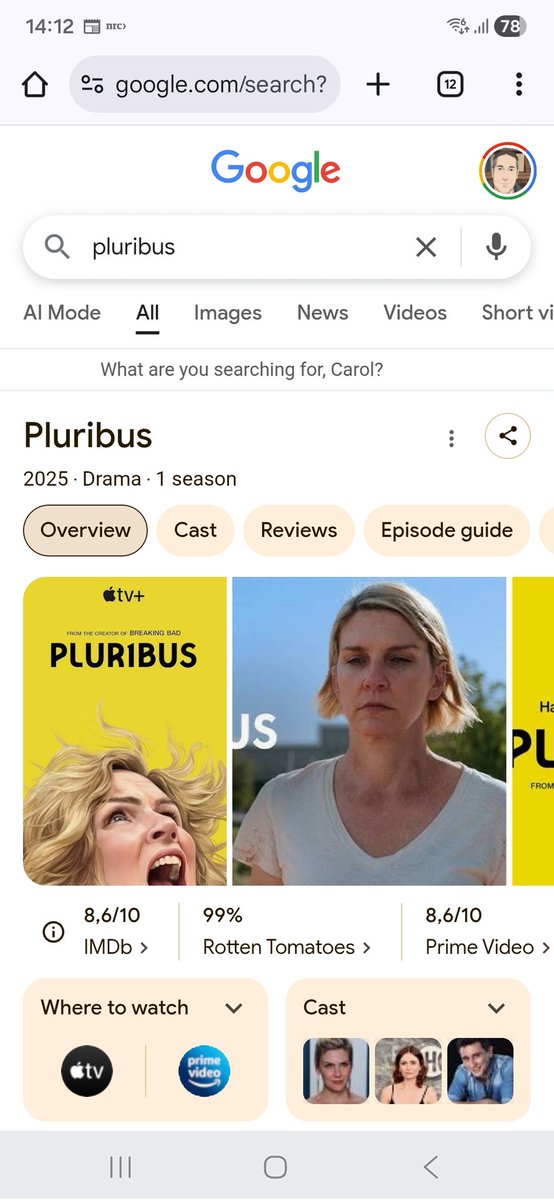 Google doet mee aan de (terechte) Pluribus hype. Zoek op de titel en er verschijnt een scrollende tekst onder de zoekbalk 'What are you searching for, Carol?' #whenyouknowyouknow

😀