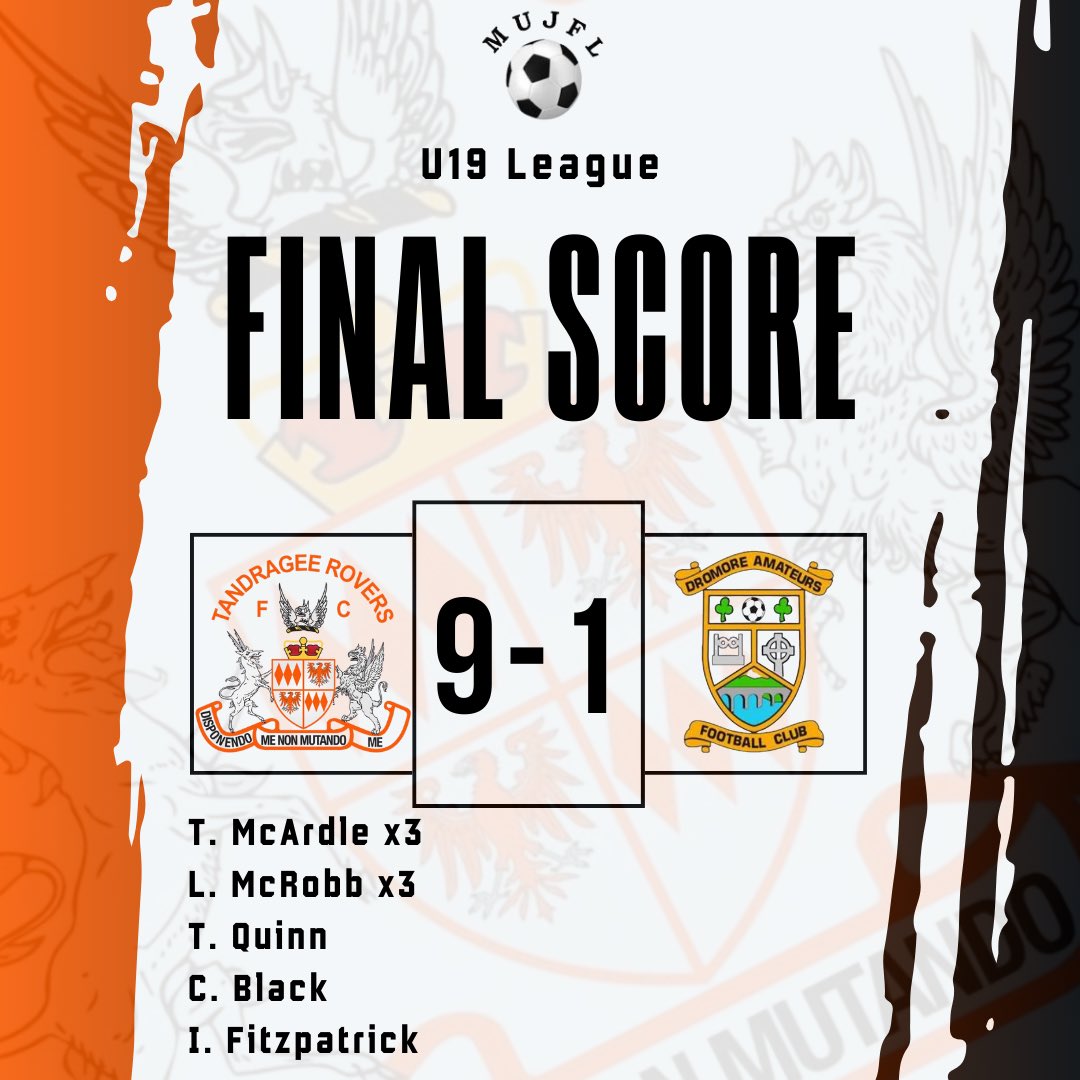 𝐔𝟏𝟗 𝐫𝐞𝐬𝐮𝐥𝐭 🟠⚫️

U19s beat Dromore Amateurs 9-1 this morning to maintain their 100% record. 

Highlight of the day was Charlie Foster back on the pitch after 14 months out injured.