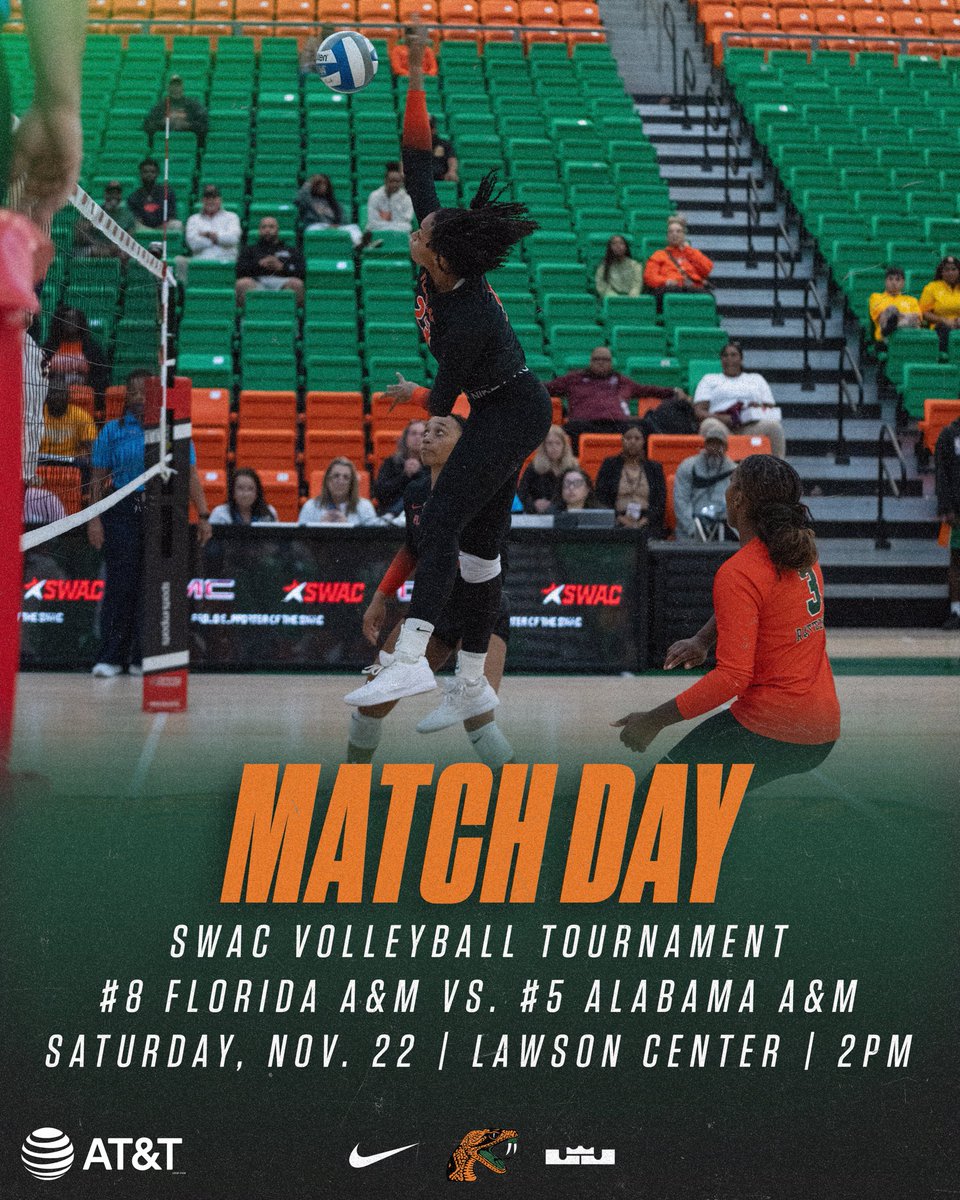 🔥 MATCH DAY! 🔥

It’s SWAC Tournament time and the Rattlers are LOCKED IN! 🐍🏐

#8 Florida A&amp;M takes on #5 Alabama A&amp;M in a must-win showdown!

📅 Saturday, Nov. 22
📍 Lawson Center
⏰ 2 PM

#FAMU | #Rattlers | #FangsUp 🐍