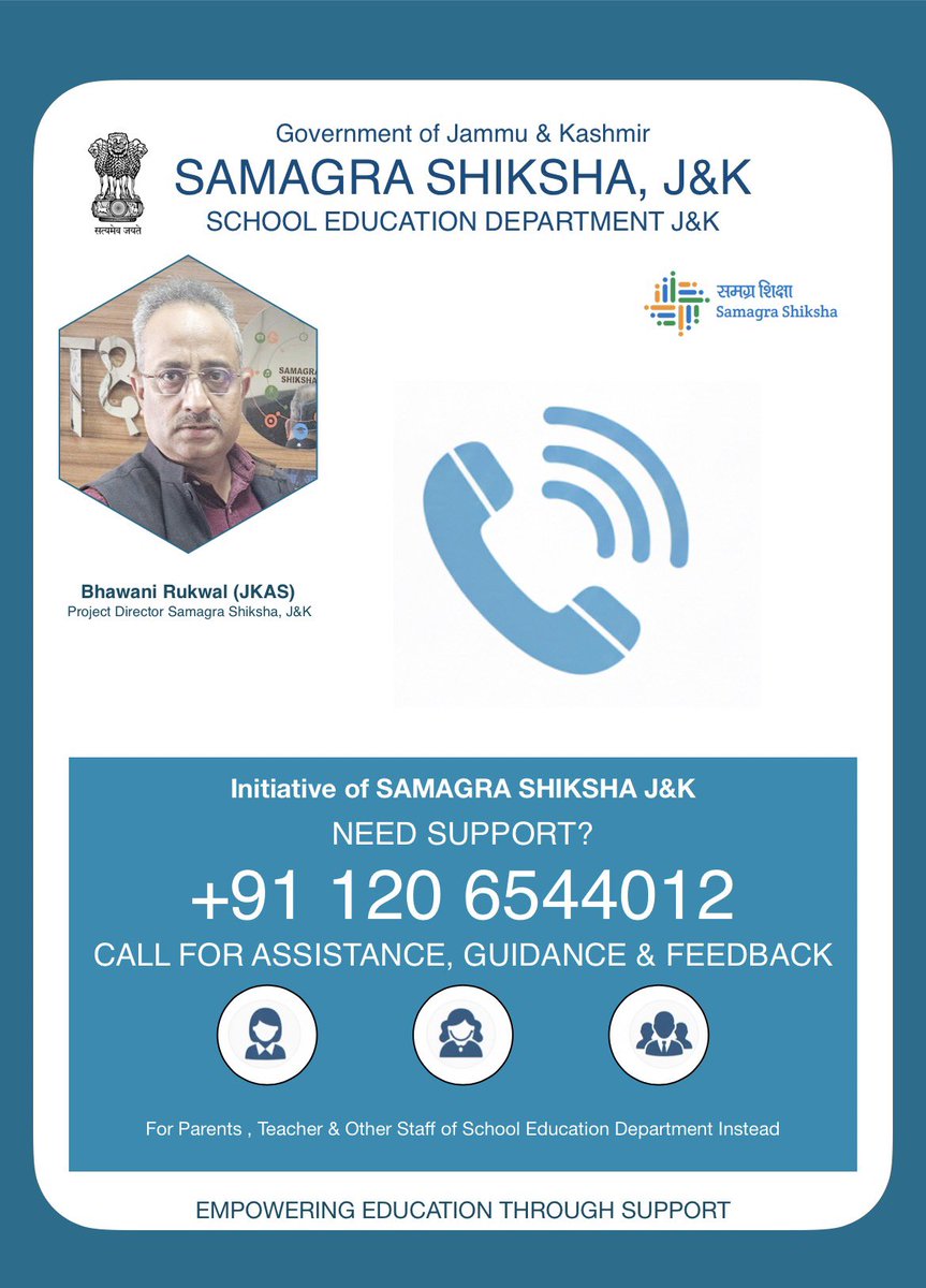 SchoolEdujkut's tweet photo. *SAMAGARA SHIKSHA J&amp;K UPDATE*

Dedicated helpline launched to support schools, teachers, students and parents across J&amp;K. Strengthening digital services for better learning outcomes. 

#Samagra Shiksha JK
#Digital Innitiative 
#EmpoweringthroughSupport.

@EduMinOfIndia @diprjk https://t.co/nhIJvk2rsl