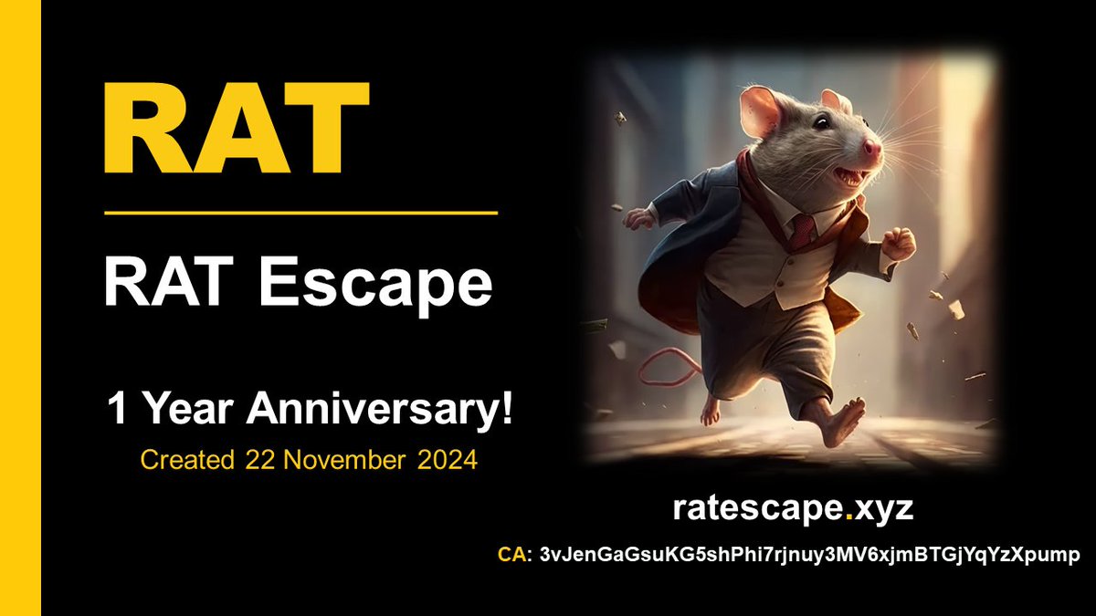 One year ago, RAT Escape was born! What a ride, but it's only the start!

To celebrate we're announcing three community led initiatives: 

▫️ Community Buy-Backs
▫️ Grassroots Marketing
▫️ Strategic Partnerships

1⃣  RAT Buy-backs!

In November, over 17 million RAT was bought on