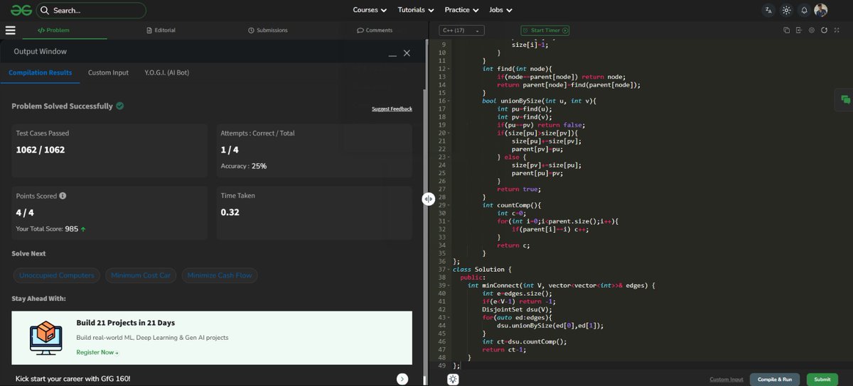 Subhojyoti_110's tweet image. #POTD of @geeksforgeeks

Problem : Minimum Operations to Connect Hospitals

Approach : Disjoint Set Union to count connected components and returns how many extra connections are needed to link them.

#geeksforgeeks  #dsa #competetiveprogramming #problemsolvingtech