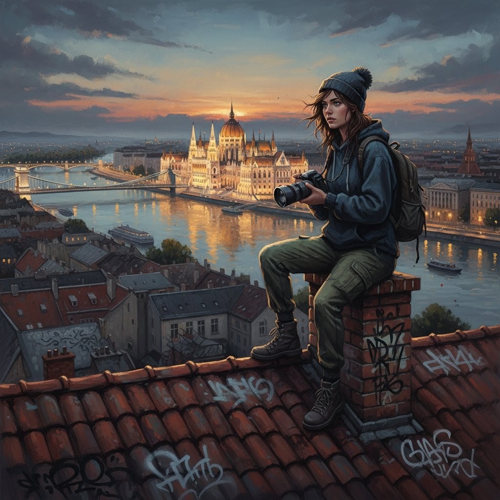 ZKarasova's tweet image. Kinga from my book Powder-Blue Sands of Time as a rooftopper in Budapest. Image edited with Google AI. But these are not final illustrations, because I intend to pay tribute to Guido Reni. #author #writerstory #image #movies #ZQK