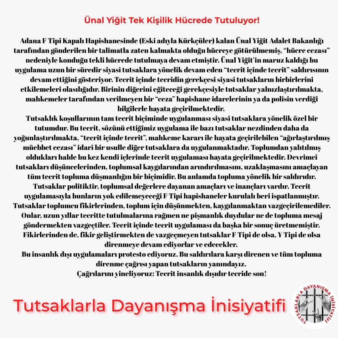 TDİ: Ünal Yiğit tek kişilik hücrede tutuluyor!

yenidemokrasi36.net/tdi-unal-yigit…