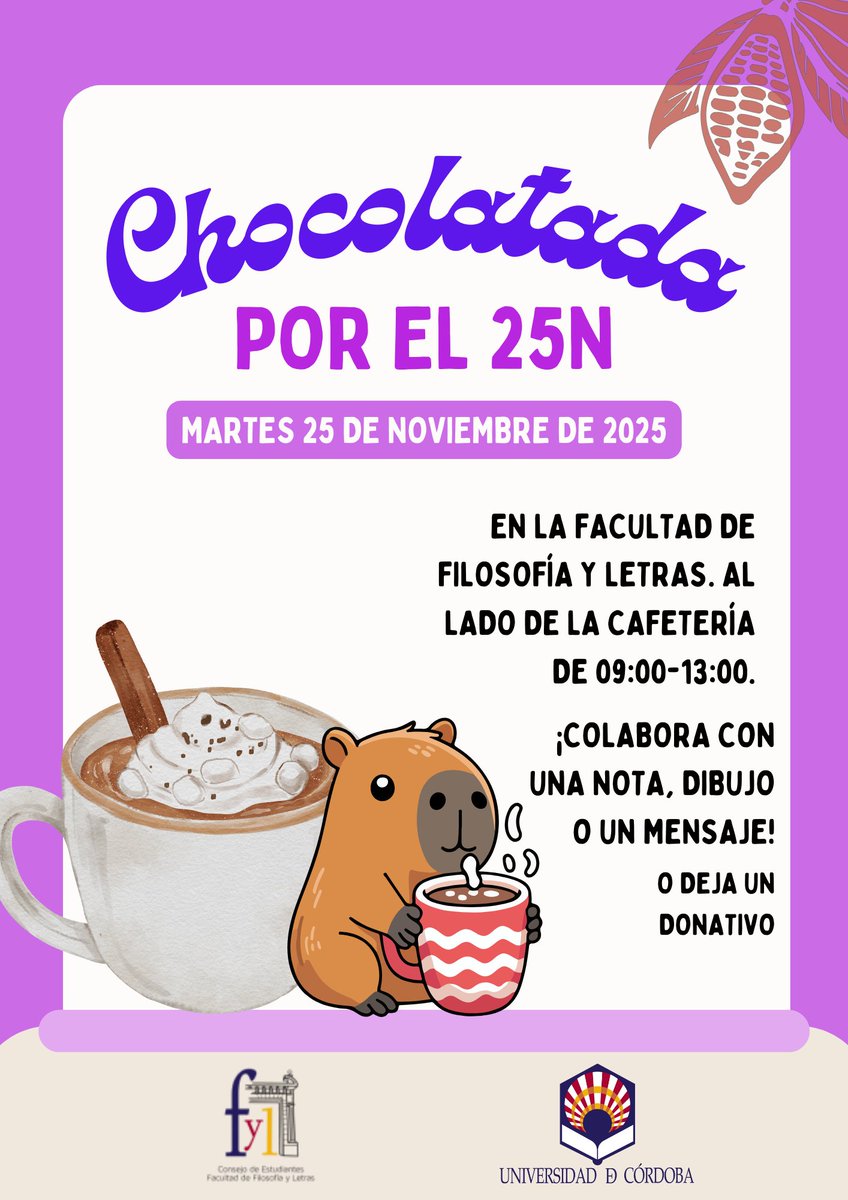 Coesfilo's tweet photo. Os esperamos el próximo martes, 25 de noviembre, en la chocolatada por el Día Internacional de la Eliminación de la Violencia contra la Mujer.

Recogeremos donativos (totalmente voluntarios) que se destinarán íntegramente a la @plataforma_co.

Gracias💜. https://t.co/Caj2RevaAc