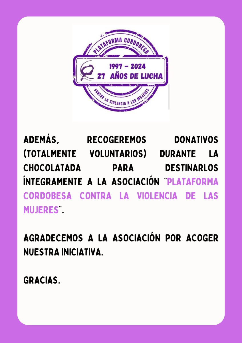Coesfilo's tweet photo. Os esperamos el próximo martes, 25 de noviembre, en la chocolatada por el Día Internacional de la Eliminación de la Violencia contra la Mujer.

Recogeremos donativos (totalmente voluntarios) que se destinarán íntegramente a la @plataforma_co.

Gracias💜. https://t.co/Caj2RevaAc