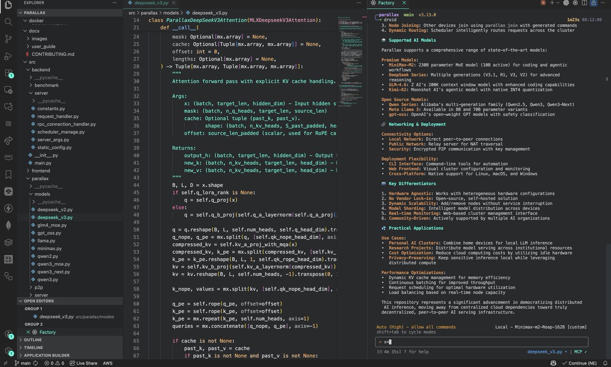 0xSero's tweet image. Minimax-m2 running locally in Droid for free. 

I love Droid, it&apos;s very good. Really nice TUI and improved context, it makes Claude features more clear.