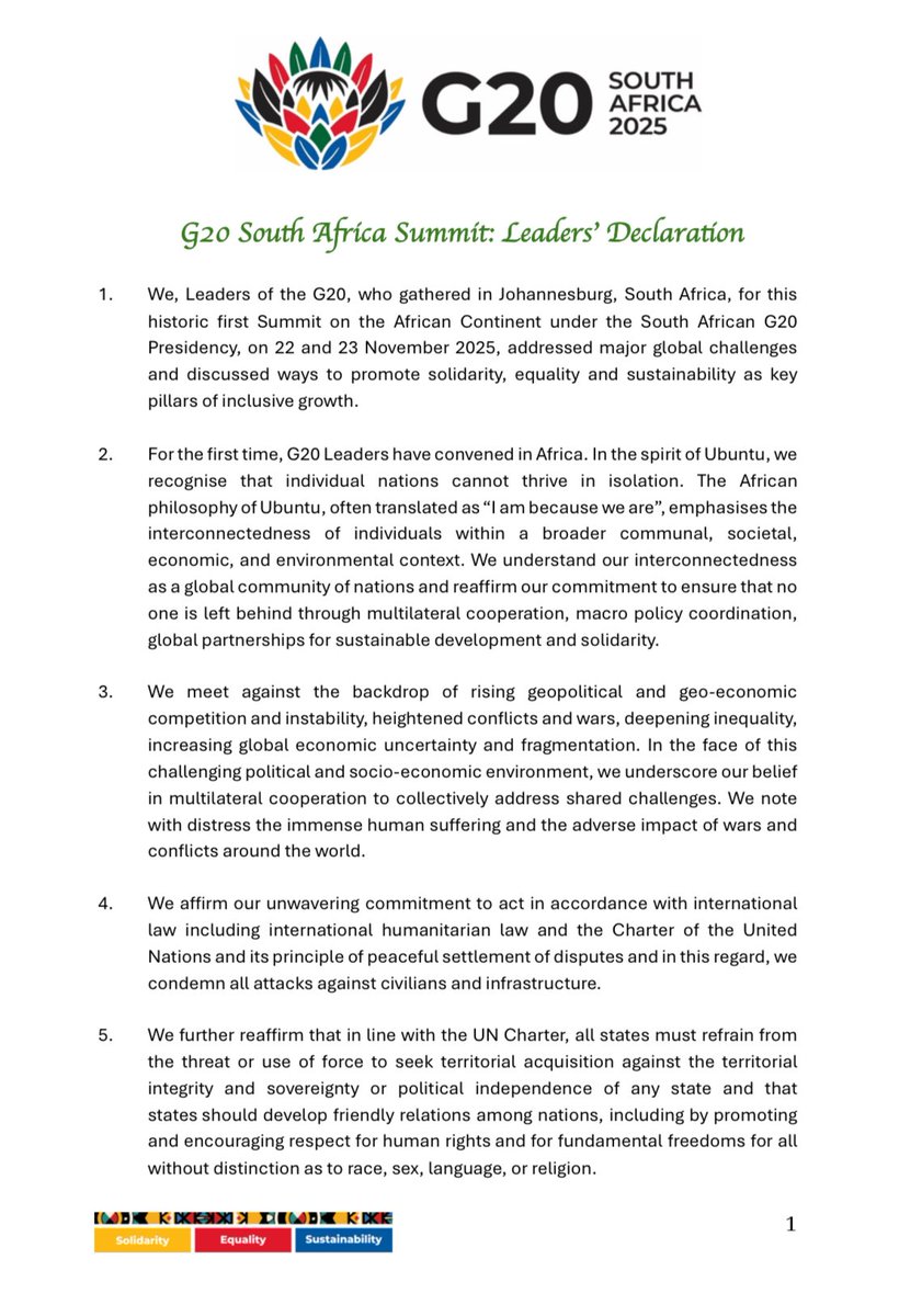 DonaldDavhie's tweet image. G20 South Africa Summit: Leaders’ Declaration