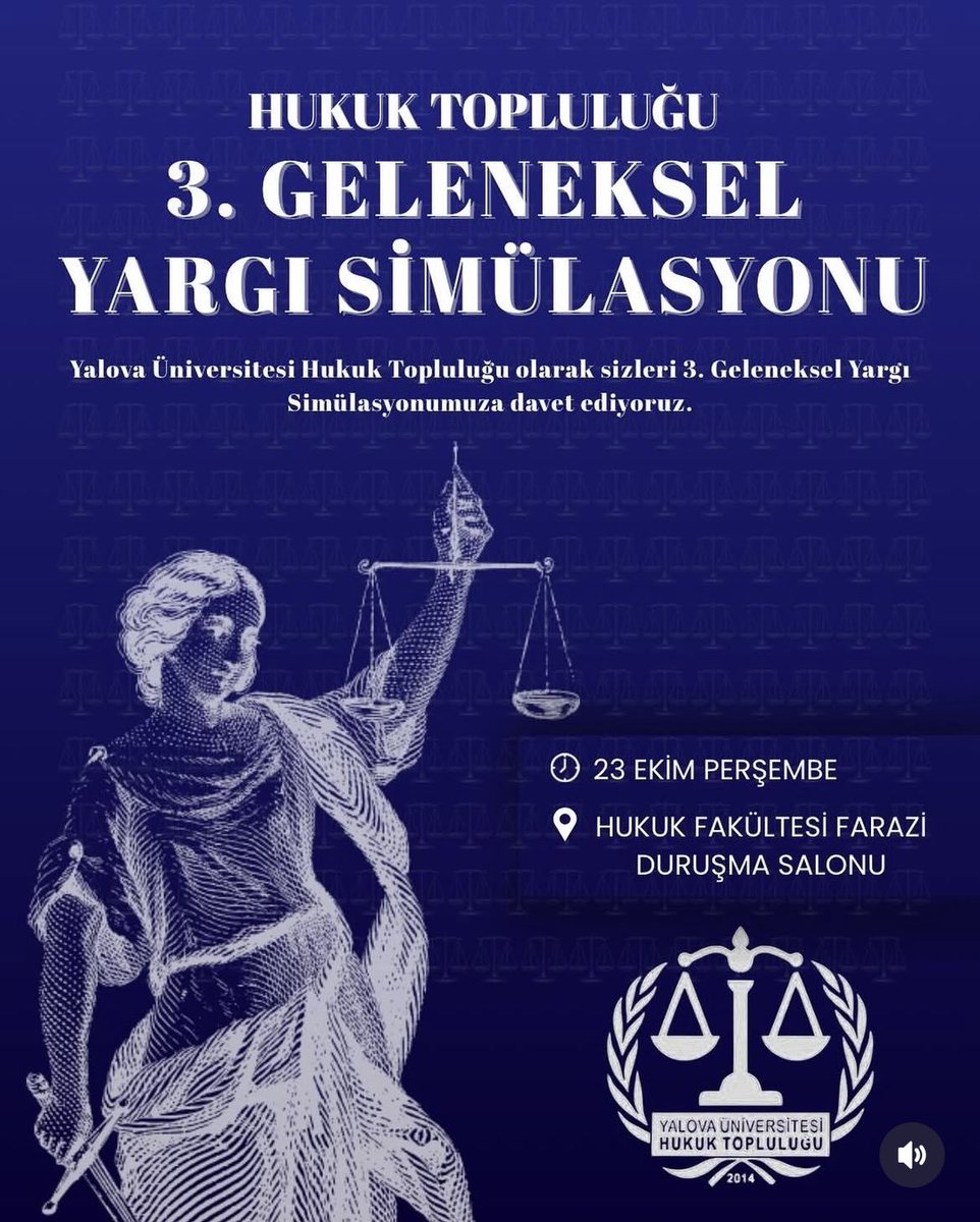 Hukuk Topluluğu olarak 2025-2026 Akademik Yılı 3. Geleneksel Yargı Simülasyonumuzu duyurmaktan mutluluk duyarız, 23 Ekim Perşembe günü herkesi Hukuk Fakültesi Farazi Duruşma Salonu’na bekliyoruz 😅