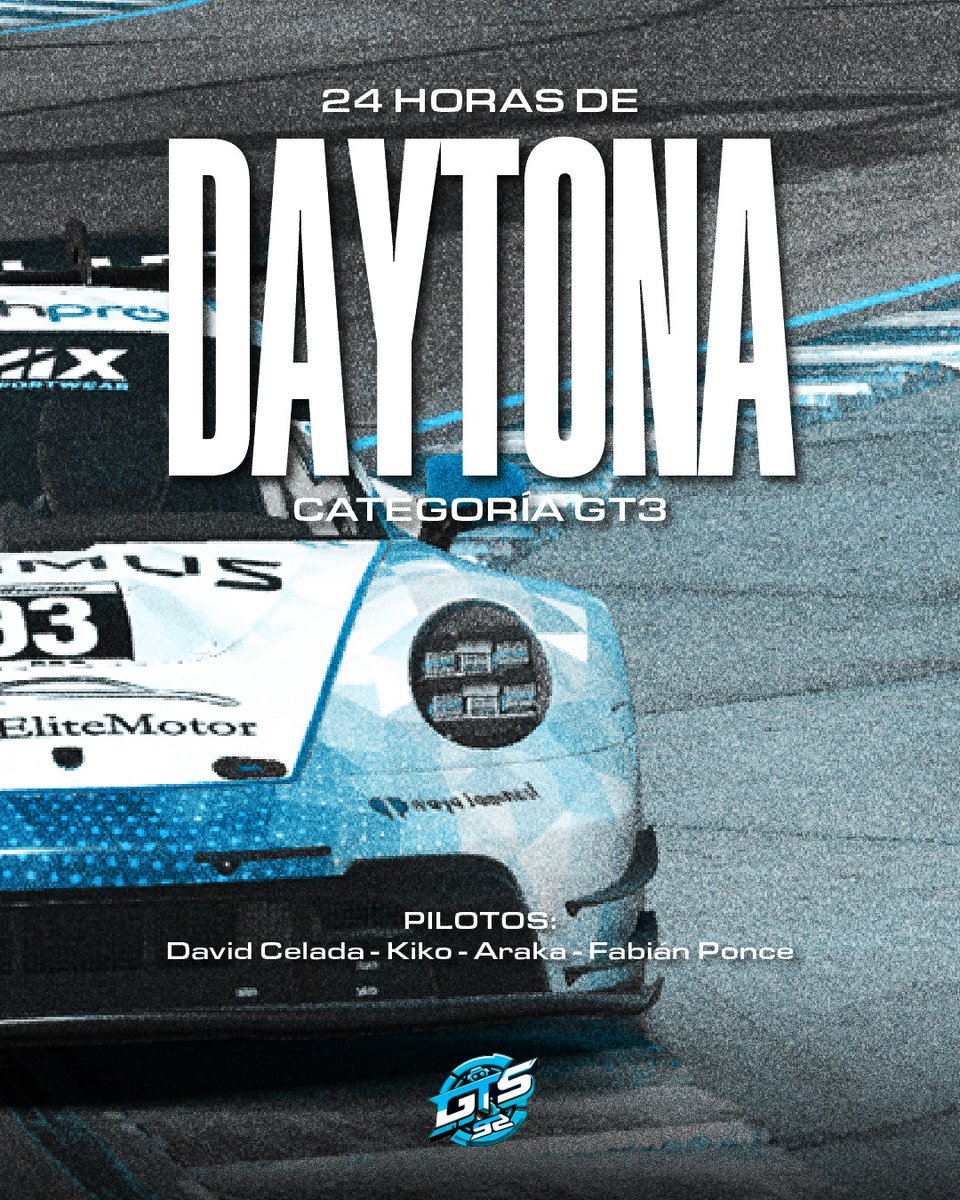 Nos vamos a Daytona para correr las 24 horas organizadas por Nitro! Podéis seguir la retransmisión a partir de las 4 en el canal de youtube: youtube.com/watch?v=fEVmVJ…
En la categoría GT3 vamos de pilotos: David Celada, Antonio, Fabian Ponce y Araka
VAMOS <a href="/GTSpain92/">GTSpain 92</a>!! 💪
