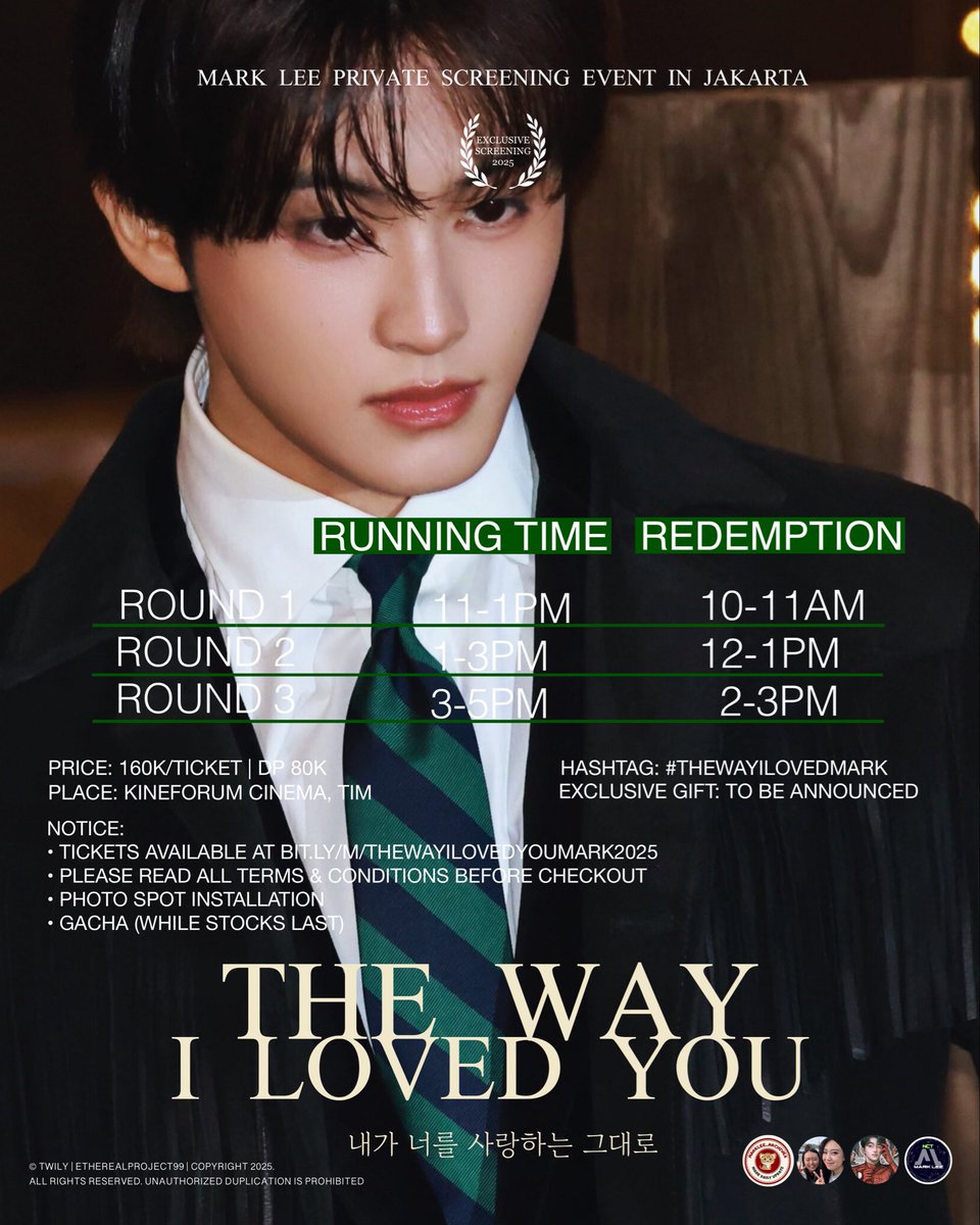etherealprojct's tweet image. 𝐓𝐡𝐞 𝐖𝐚𝐲 𝐈 𝐋𝐨𝐯𝐞𝐝 𝐘𝐨𝐮 𓏲ּ𝄢

MARK LEE PRIVATE SCREENING EVENT IN JAKARTA
ON DECEMBER 27, 2025

➫ TICKETS ON SALE: NOVEMBER 23, 2025 (8:00PM/20:00WIB/6:00KST) UNTIL SOLD OUT

#TheWayILovedYouMark #MARKLEE #MARK #마크 #マーク