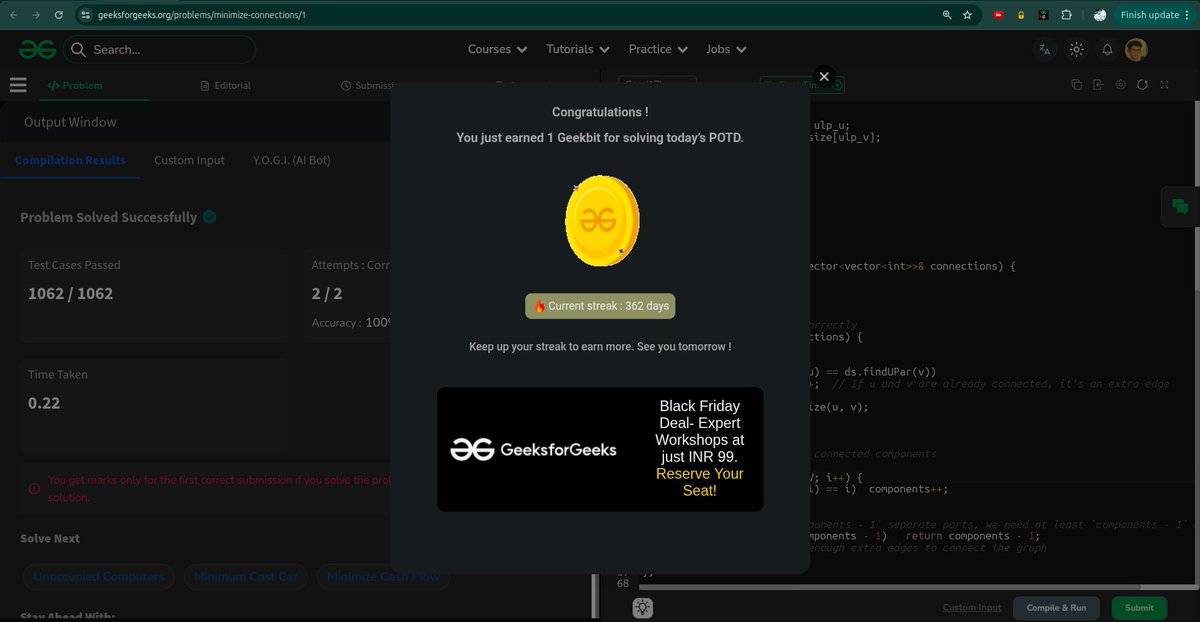 whyamihim's tweet image. Day - 362 
Problem : Minimum operations to connect all hospitals
#gfg #geekstreak2025 #1000daysofcode