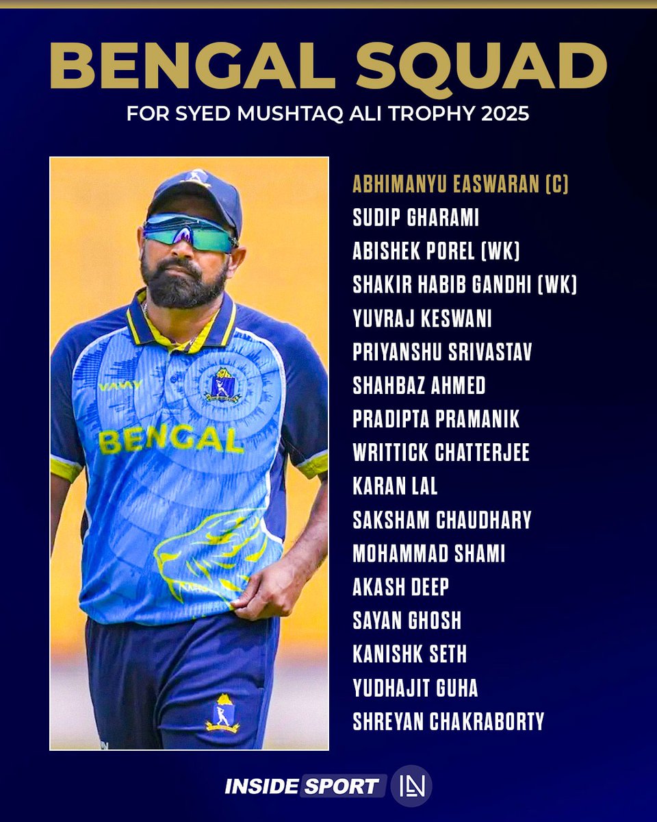 InsideSportIND's tweet image. Mohammad Shami and Akash Deep included in Bengal’s 17-member squad for the 2025 Syed Mushtaq Ali Trophy, led by Abhimanyu Easwaran 🏏

#SMAT #AkashDeep #MohammadShami #InsideSport #CricketTwitter