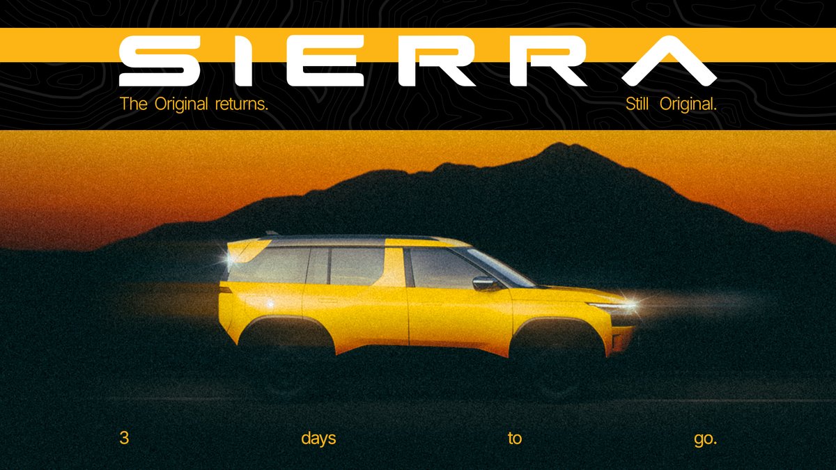 TataMotors_Cars's tweet photo. 3 days to go before the legend shifts timelines.

Witness the launch live on 25.11.25 at 12 PM.

Set Reminder: https://t.co/612js2eUM7

#Sierra #TataSierra #TheLegendReturns https://t.co/002uFWD3xZ
