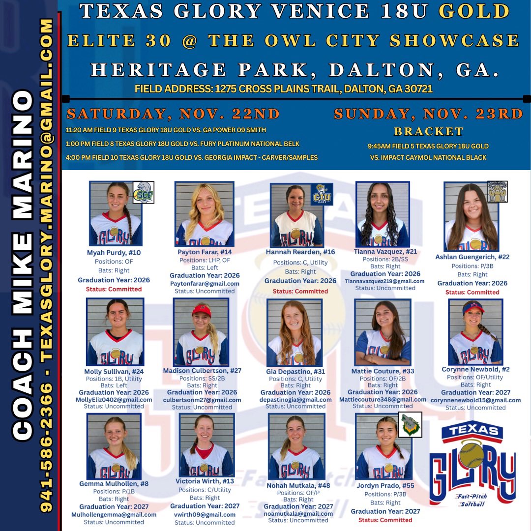 Last tournament of fall with <a href="/Glory18u_Marino/">Texas Glory Venice 18U Gold - Marino</a>!! ❤️💙
<a href="/SCFManateesSB/">SCFManateesSB</a> <a href="/B_Sauerwein22/">Brett Sauerwein</a> <a href="/VHSLadyIndianSB/">VHS Lady Indians Softball & Boosters</a>