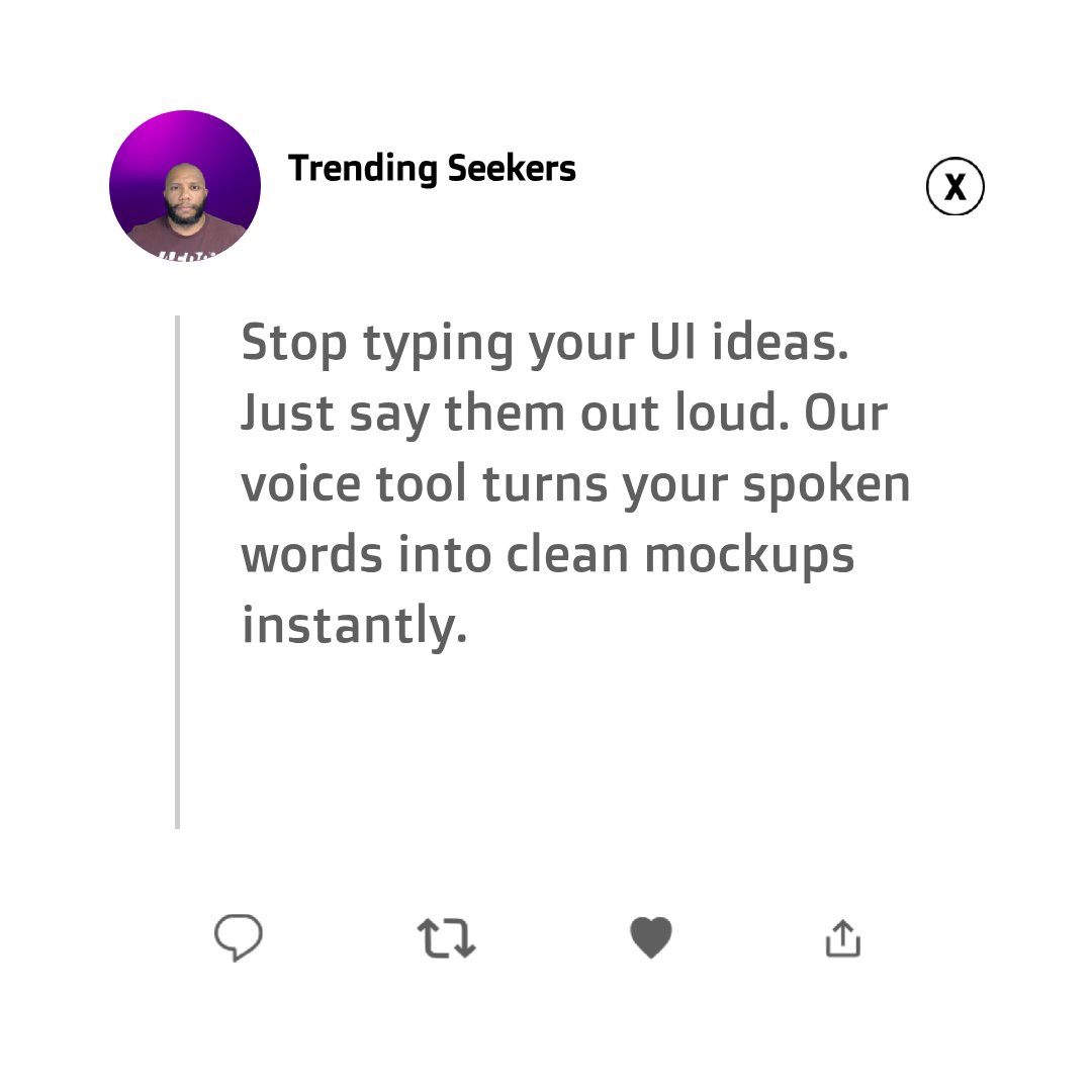 Tyrone_Uzzell's tweet image. Speak your UI ideas 3x faster than typing. Our voice-to-text feature lets you document mockups and user flows in minutes, not hours. Try it at Trendingseekers.com

#voicecoding #uitools #productivity