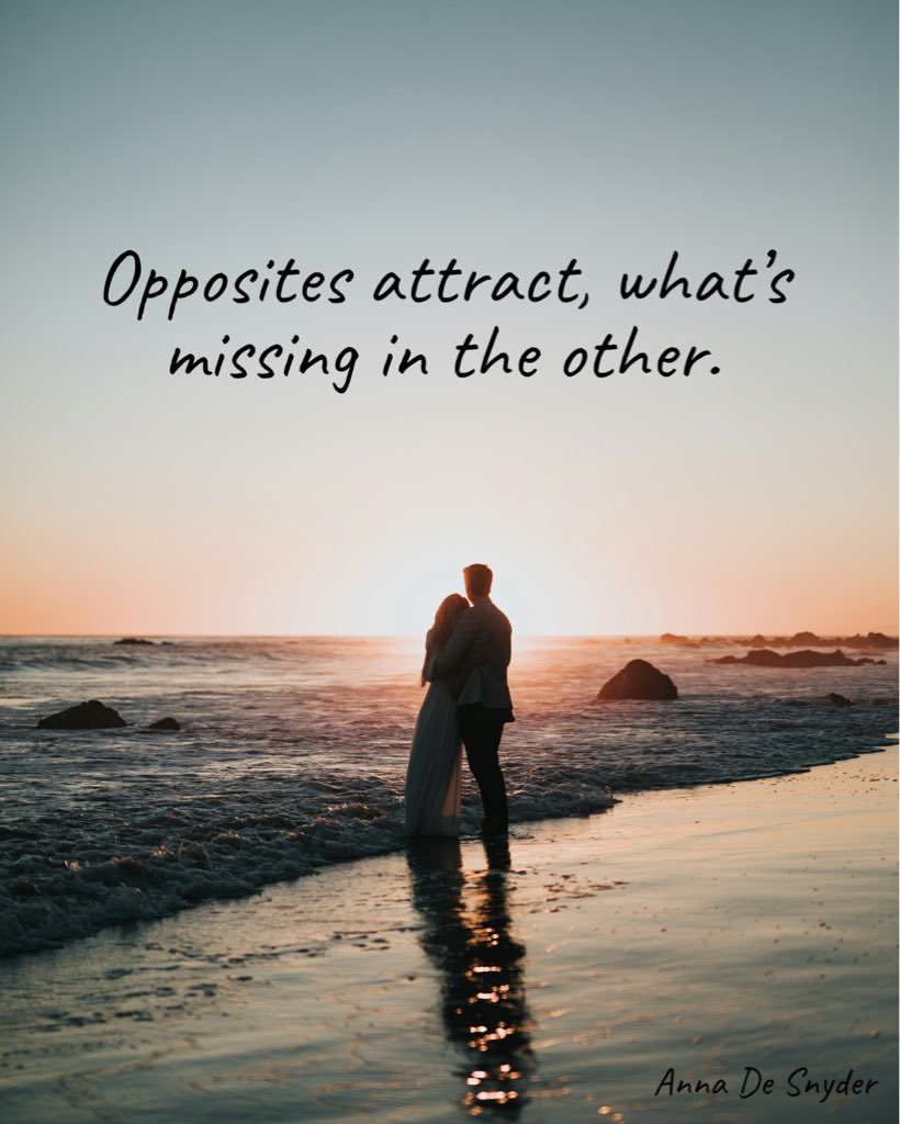 Opposites attract, what’s missing in the other. 

#SaturdayThoughts #OppositesAttract #Love #Magnetism #Attraction #Intimacy #Pair