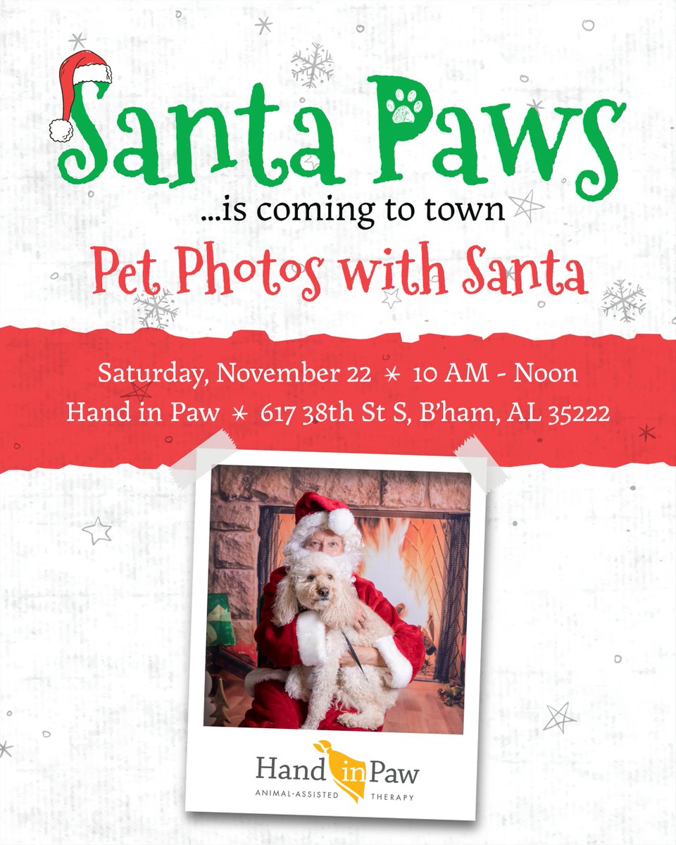 HandinPawAL's tweet image. 🎅🐾 Santa Paws is TODAY from 10 a.m.-noon at Hand in Paw HQ!

📸 Pet portraits with Santa ($20)
☕ Hot cider + cocoa
🍸 Tito’s cocktail kits

Stop by this morning for festive fun and support Animal-Assisted Therapy while you’re at it. 💛

#HandInPaw #SantaPaws #WeAreHIP