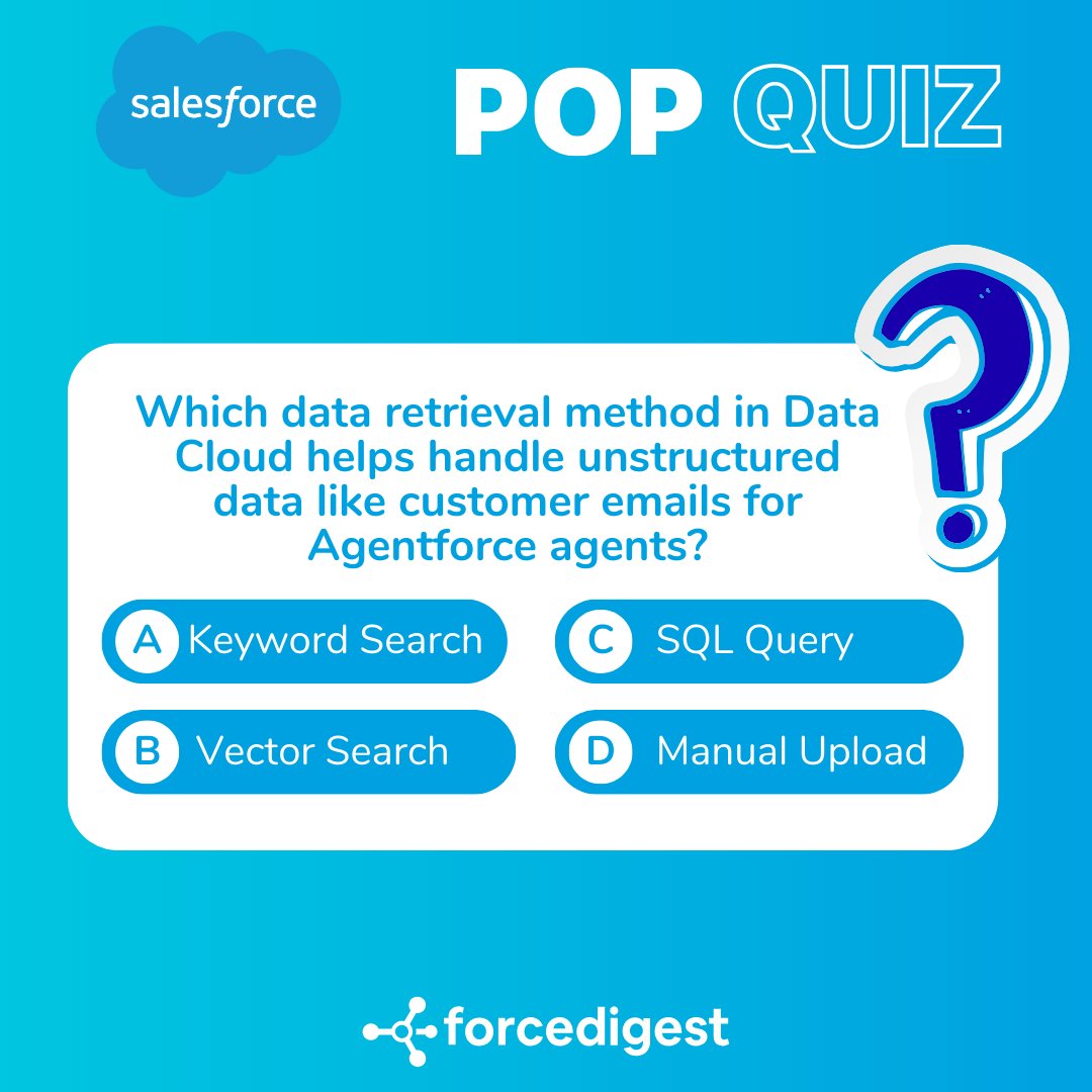 ForceDigest's tweet image. Most students miss this one! 🤔

Which Data Cloud method understands meaning, not just words? 💬

Hint: It’s how Agentforce reads unstructured data like emails.

Drop your guess below! 👇

#SalesforceExam #DataCloud #AgentforceSpecialist #VectorSearch #ExamPrep #Salesforce
