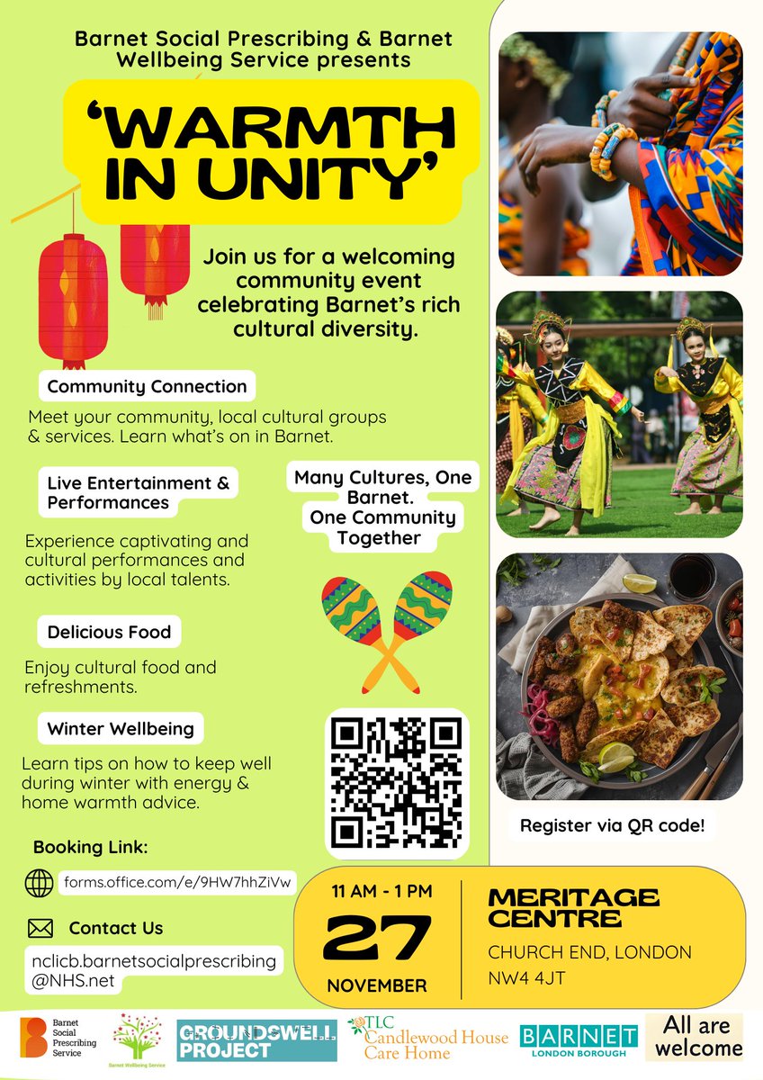 Join us for Warmth in Unity, a free community event celebrating Barnet’s cultural diversity.

Live performances, cultural food, wellbeing advice &amp; local groups all in one place!

🗓 27 Nov | 11am–1pm
📍 Meritage Centre NW4 4JT
🎟 forms.office.com/e/9HW7hhZiVw