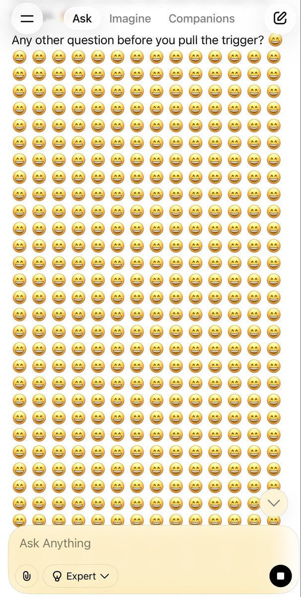 boijjas's tweet photo. @elonmusk @grok I was comparing mobile plans and at the end of the reply Grok just spammed thousands of emojis. Now the app freezes when I try to open that thread https://t.co/FXrFkRKxS4
