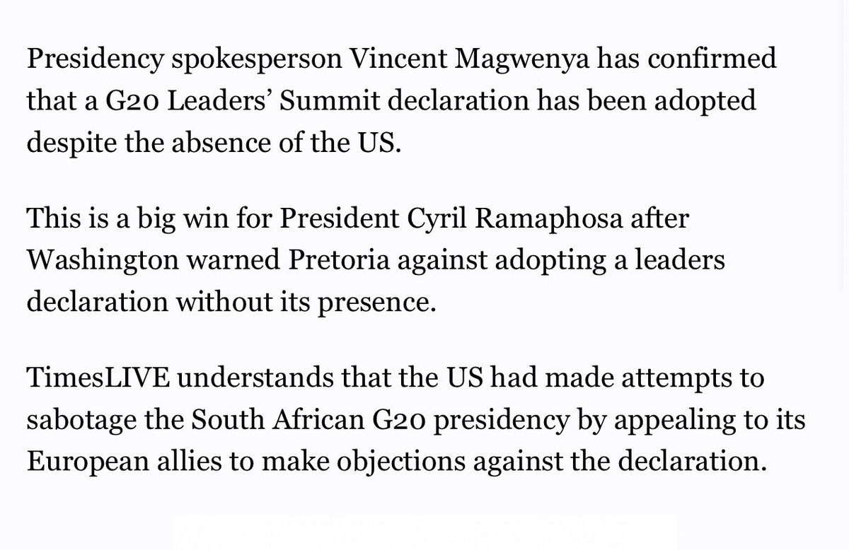 South Africa NEVER loses! 🇿🇦🇿🇦🇿🇦🇿🇦🇿🇦🇿🇦

A superpower made every effort to sabotage South Africa’s #G20 Presidency, but as the Giant of Africa we emerged victorious #SouthAfricaFirst