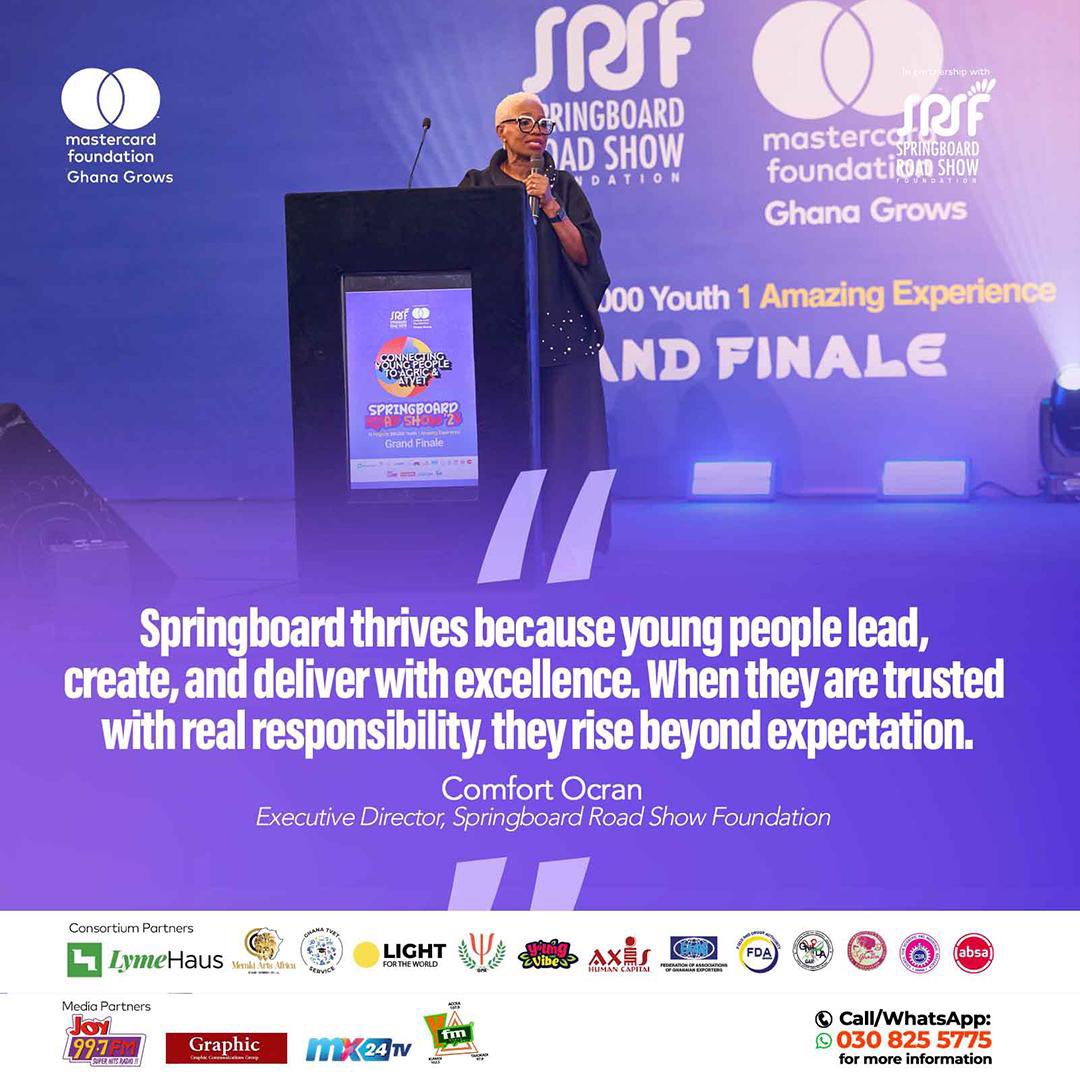 nathanielawini_'s tweet image. “Springboard thrives because young people lead, create, and deliver with excellence. When they are trusted with real responsibility, they rise beyond expectation”.

Comfort Ocran, Executive Director, @SpringboardChn during the Grand Finale of #SpringBoardRoadShow2025 #Ghanagrows
