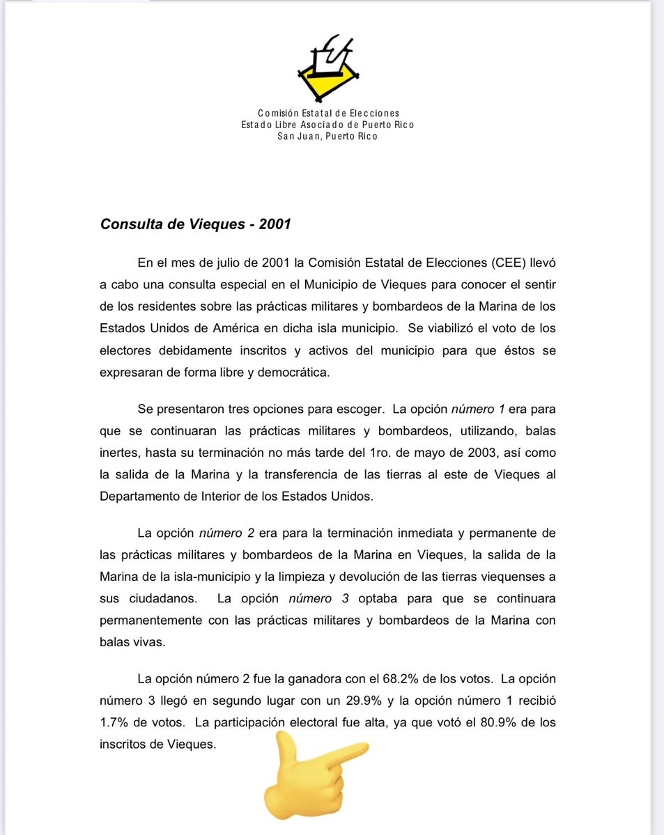 AGONZALEZCOSTA's tweet image. Con una participación de 80.9%, en el 2001 el  68.2% de las personas de Vieques exigió en las urnas la salida de la Marina y la LIMPIEZA de los terrenos. 

Fuente: Comisión Estatal de Elecciones.
