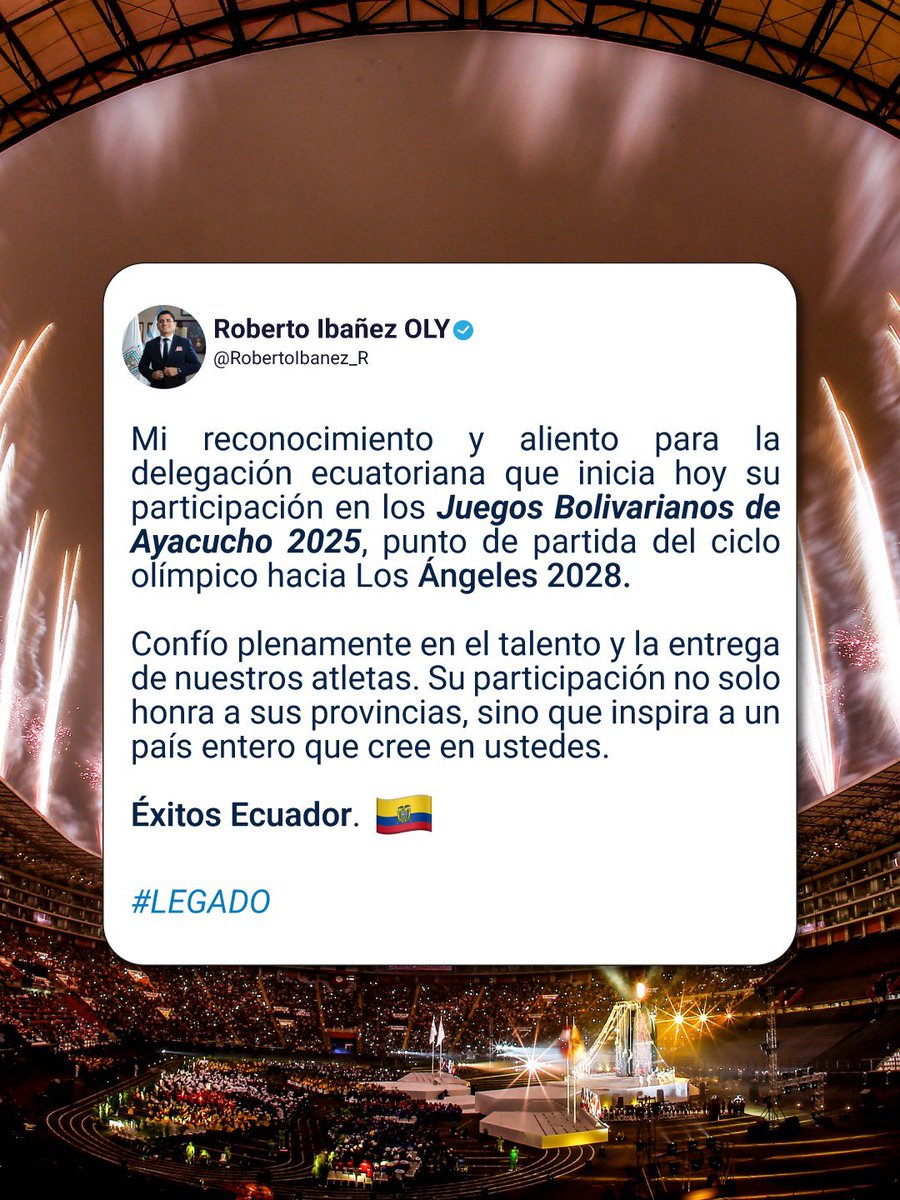 Ecuador inicia su camino olímpico rumbo a Los Ángeles 2028 en los Juegos Bolivarianos de Ayacucho.

Éxitos país 🇪🇨

#LEGADO ☀️