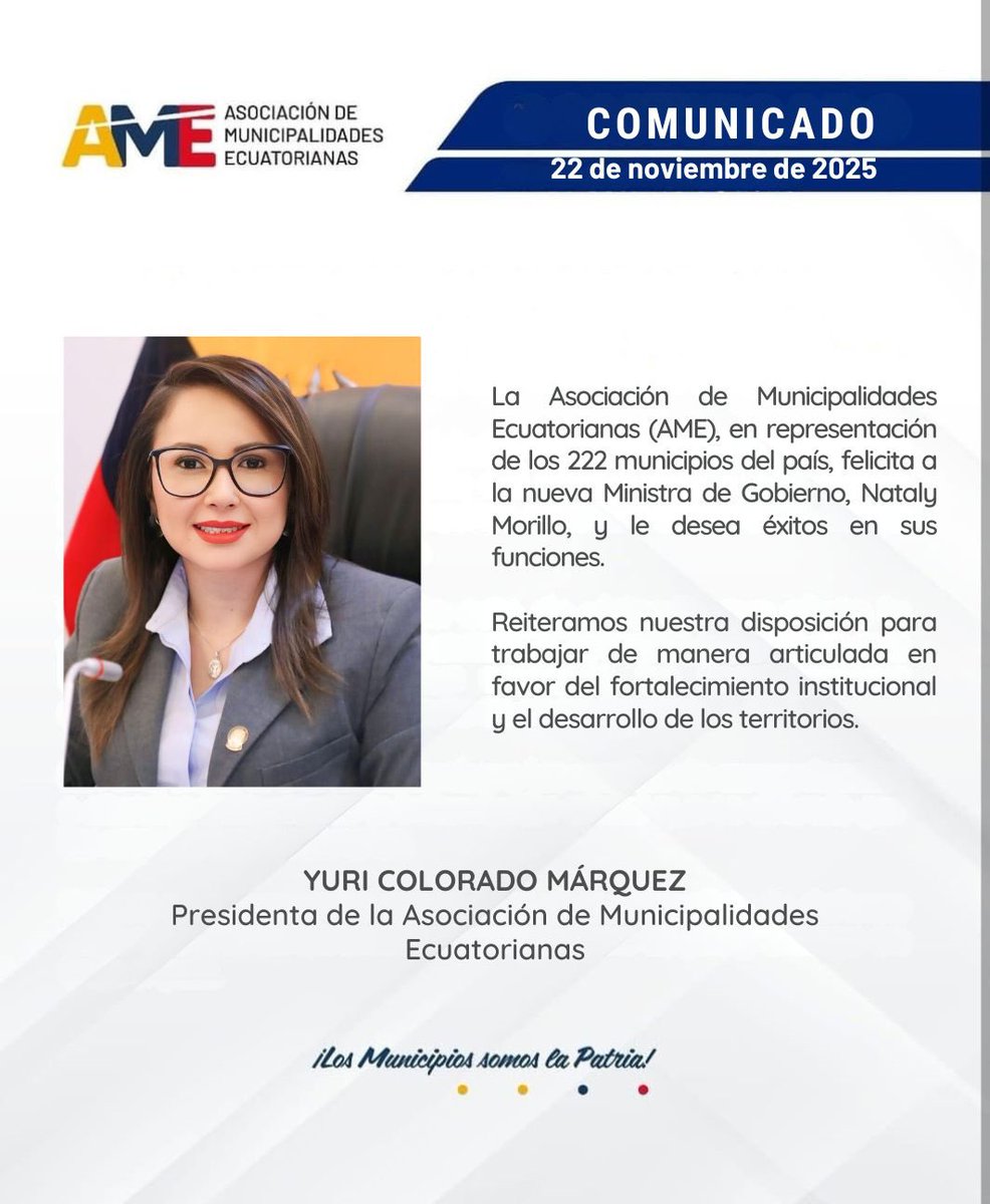 #COMUNICADO | Felicitamos a la nueva Ministra de Gobierno, Nataly Morillo. Desde AME, con nuestra presidenta Yuri Colorado, le deseamos éxitos en su labor al servicio del país 🇪🇨 y ratificamos nuestro compromiso de trabajar en unidad. Somos la #NuevaAME2025 💜