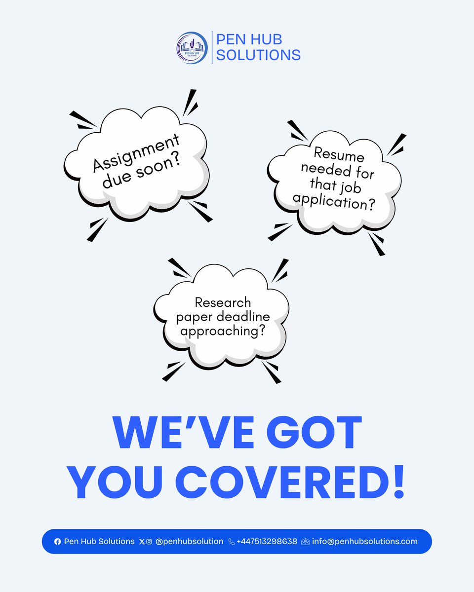 PenHubSolutions's tweet image. Stressed about an upcoming deadline?
Don’t worry, Pen Hub Solutions has your back!
✔ Assignments
✔ Research Papers
✔ Resumes
✔ Academic Writing Support
Whatever the task, we deliver fast, polished, and professional results. Send a DM to get help now!

#DeadlineHelp