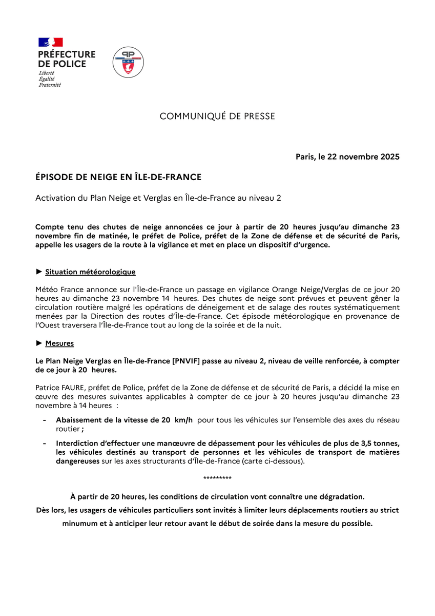 prefpolice's tweet image. 🟠❄️#Neige #Verglas | Activation du Plan Neige et Verglas en Île-de-France en niveau 2 dès ce soir 20h. 

Mise en place de mesures restrictives de circulation : 

➡️ Abaissement de la vitesse de 20 km/h pour tous les véhicules sur l&apos;ensemble des axes du réseau routier ;
➡️…