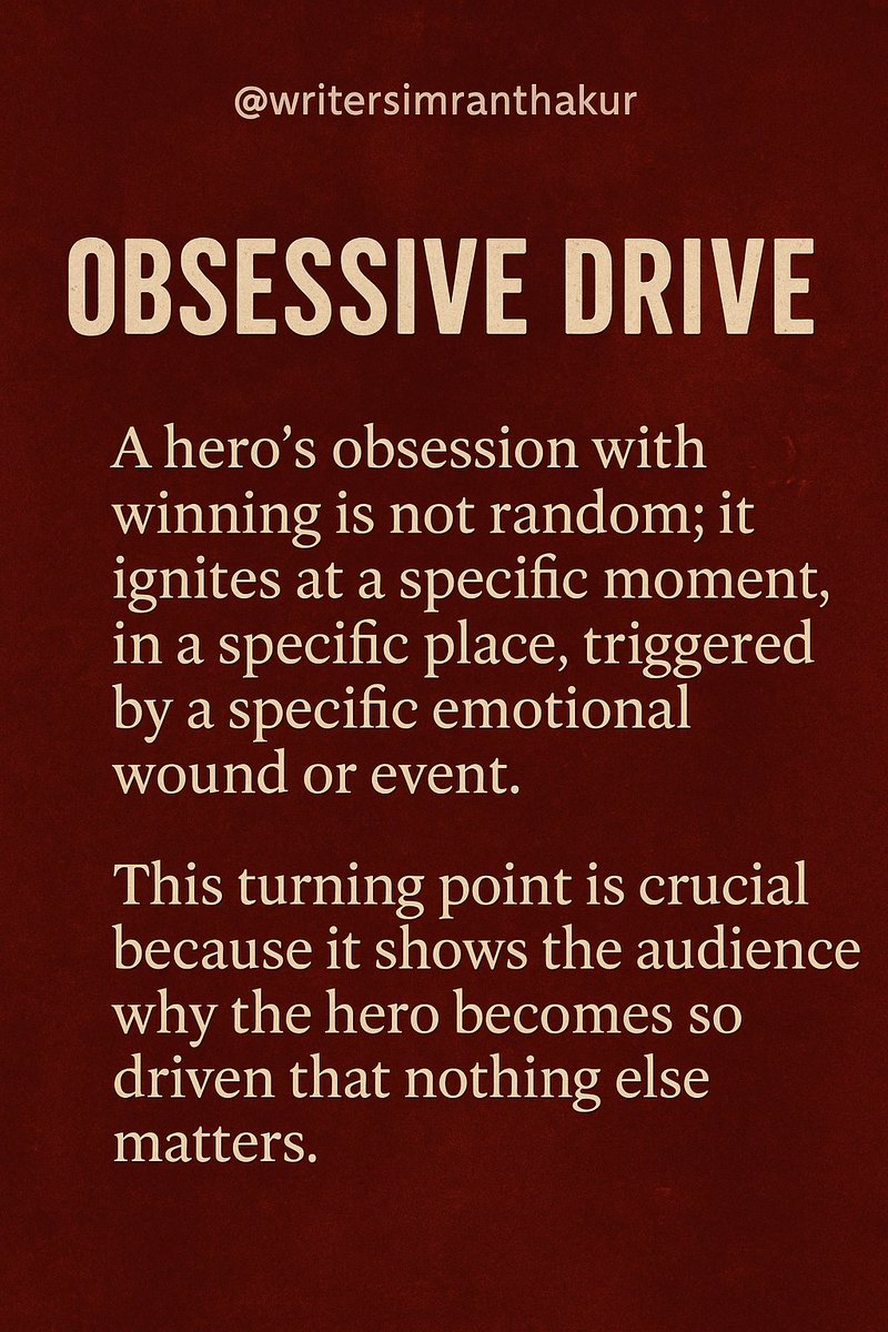 WriterSimran44's tweet image. Obsessive Drive:
Every unforgettable hero has one moment…
One place…
One wound…
That turns desire into obsession.
That’s the heartbeat of storytelling.

#ScreenwritingTips #WritersCommunity #IndianWriters