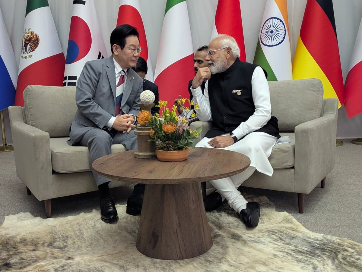 BJP4India's tweet image. PM Modi had a wonderful meeting with President Lee Jae-myung of the Republic of Korea during the Johannesburg G20 Summit. 🇮🇳🇰🇷

This marked their second interaction this year, reflecting the strong momentum in the India–Korea Special Strategic Partnership.