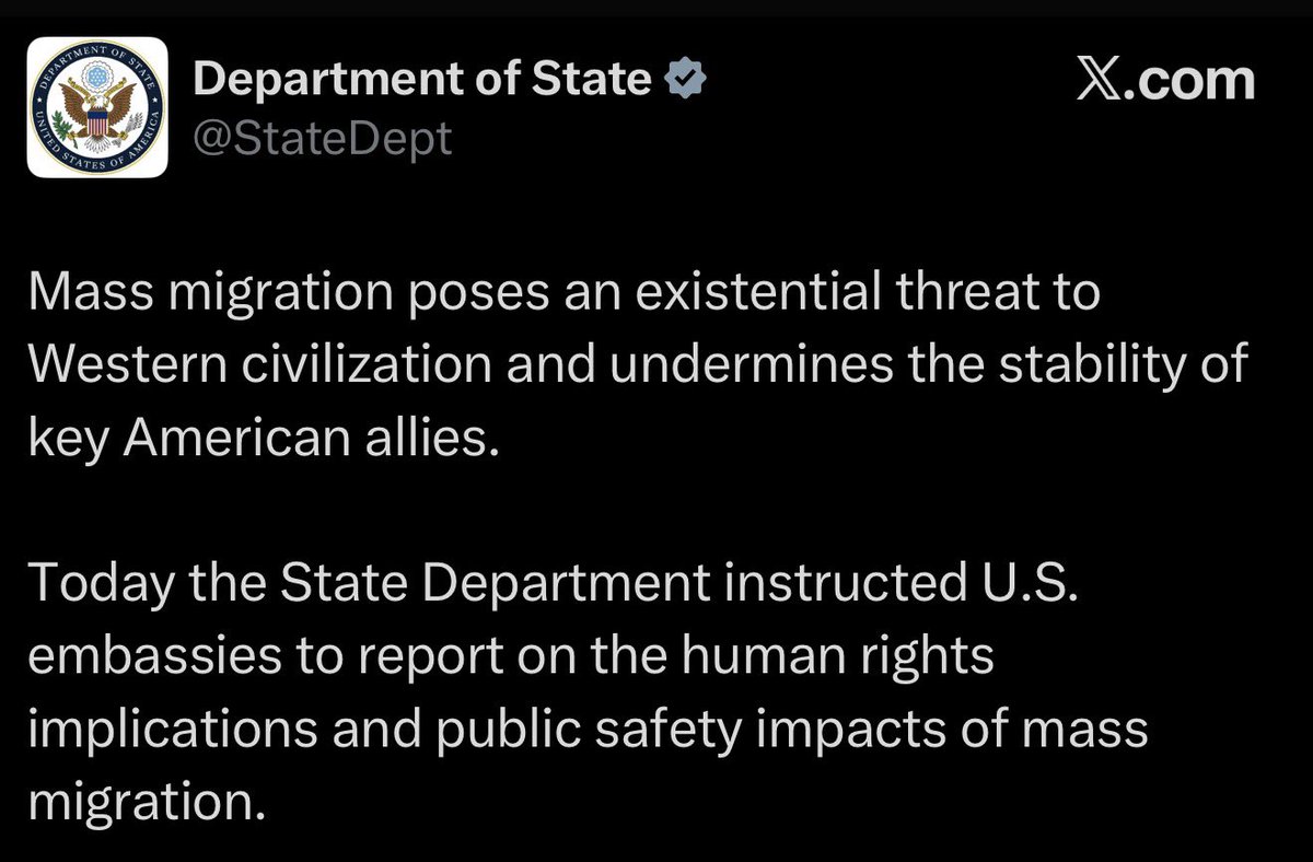 TheChiefNerd's tweet image. NEW — The U.S. State Department now says “mass migration poses an existential threat to Western civilization”