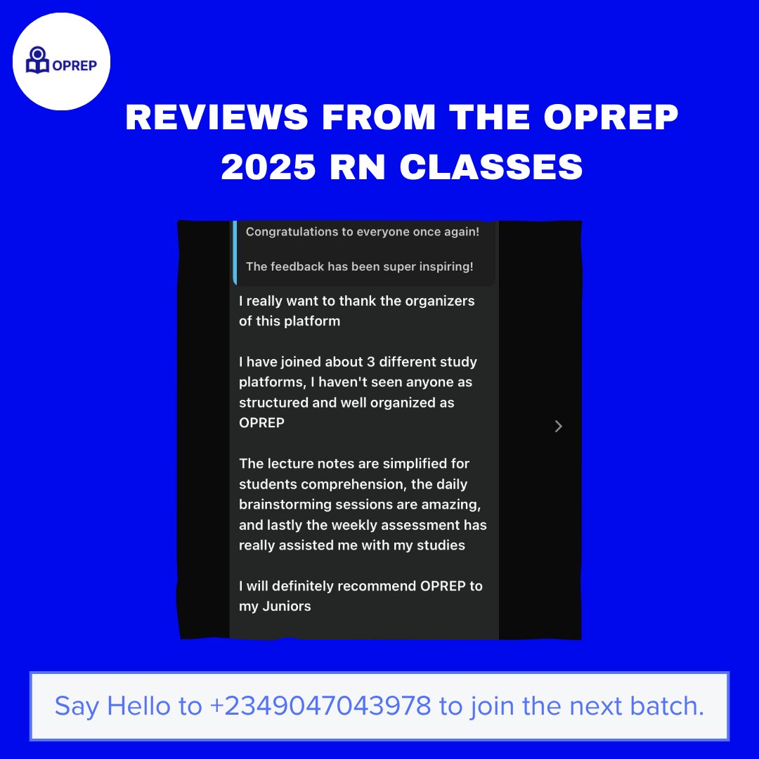 At OPREP, we take pride in being distinct, and our students have confirmed it too. 

Do you want to become a registered nurse, midwife or public health nurse in 2026?

To join us, say hello to Ramat: wa.link/gqzou6