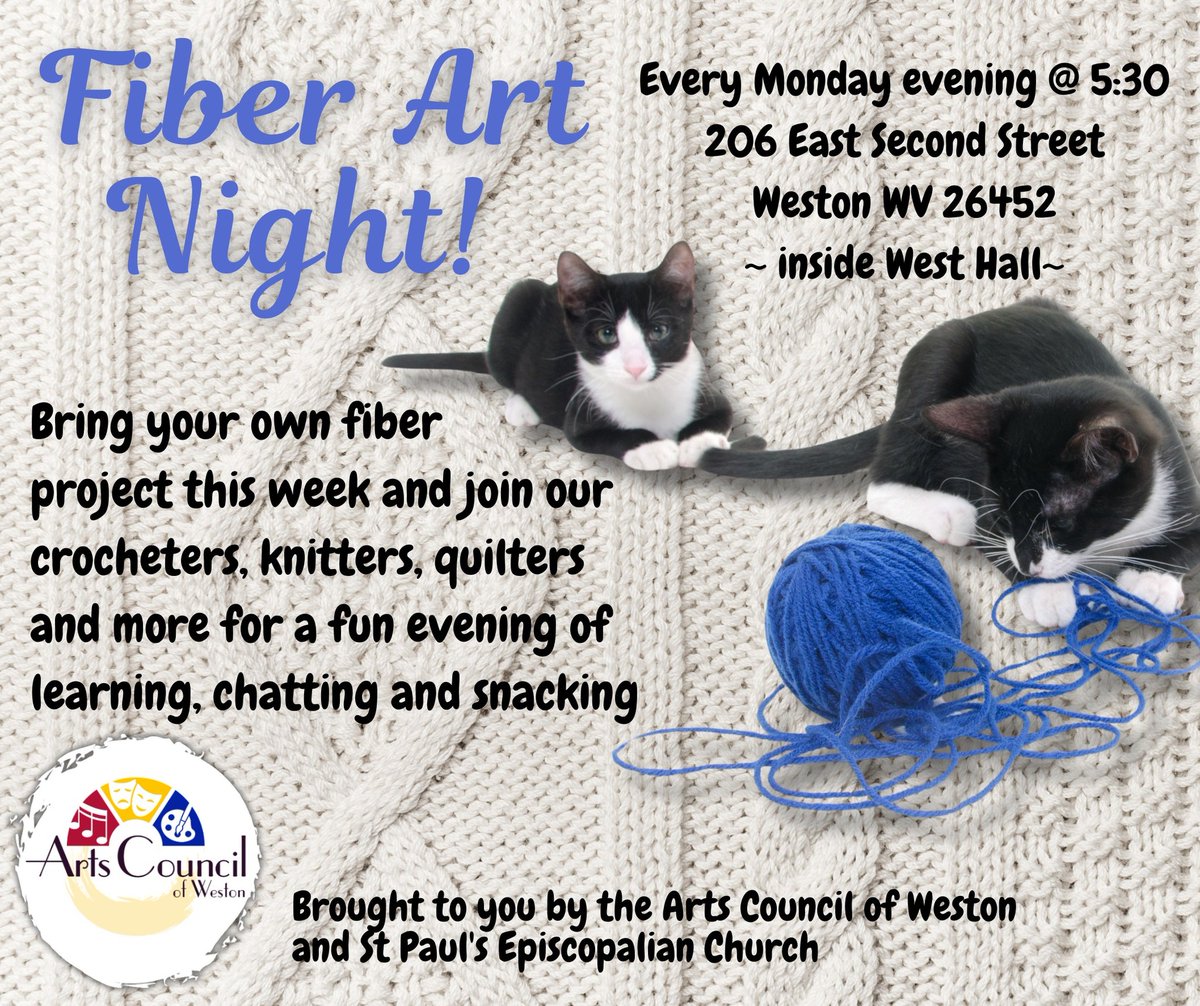 Arts Council of Weston is hosting a Fiber Arts Party Monday evenings 5:30-7:30. Visit their FB page for the most up to date activities &amp; entertainment details ow.ly/RW8H50WZkXy