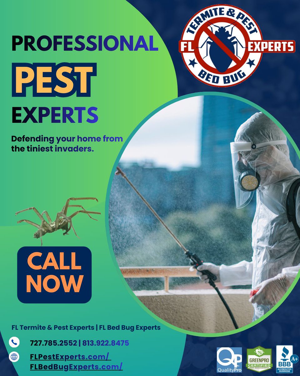 Flbedbugexperts's tweet image. DIY solutions help temporarily—but only professionals can eliminate pests at the source. 🔧💼

BOOK NOW!
FL Termite &amp;amp; Pest Experts | FL Bed Bug Experts
☎️ 727.785.2552 | 813.922.8475 
🌐  buff.ly/yvcUKC2 | buff.ly/DWqrCmt 

#PestControlExperts #trending