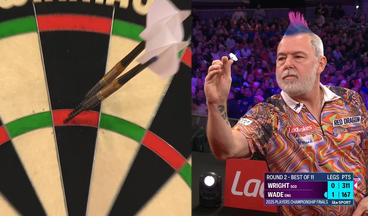 NotPeterWright's tweet image. 🚨 | 2025 Players Championship Finals 🎯

That was quick 😂 It&apos;s another change of dart as we move onto a new looking black &amp;amp; gold set 👀

#pdc #darts #reddragon #darts #peterwright #snakebite #winmau #playerschampionshipfinals #itvsports
