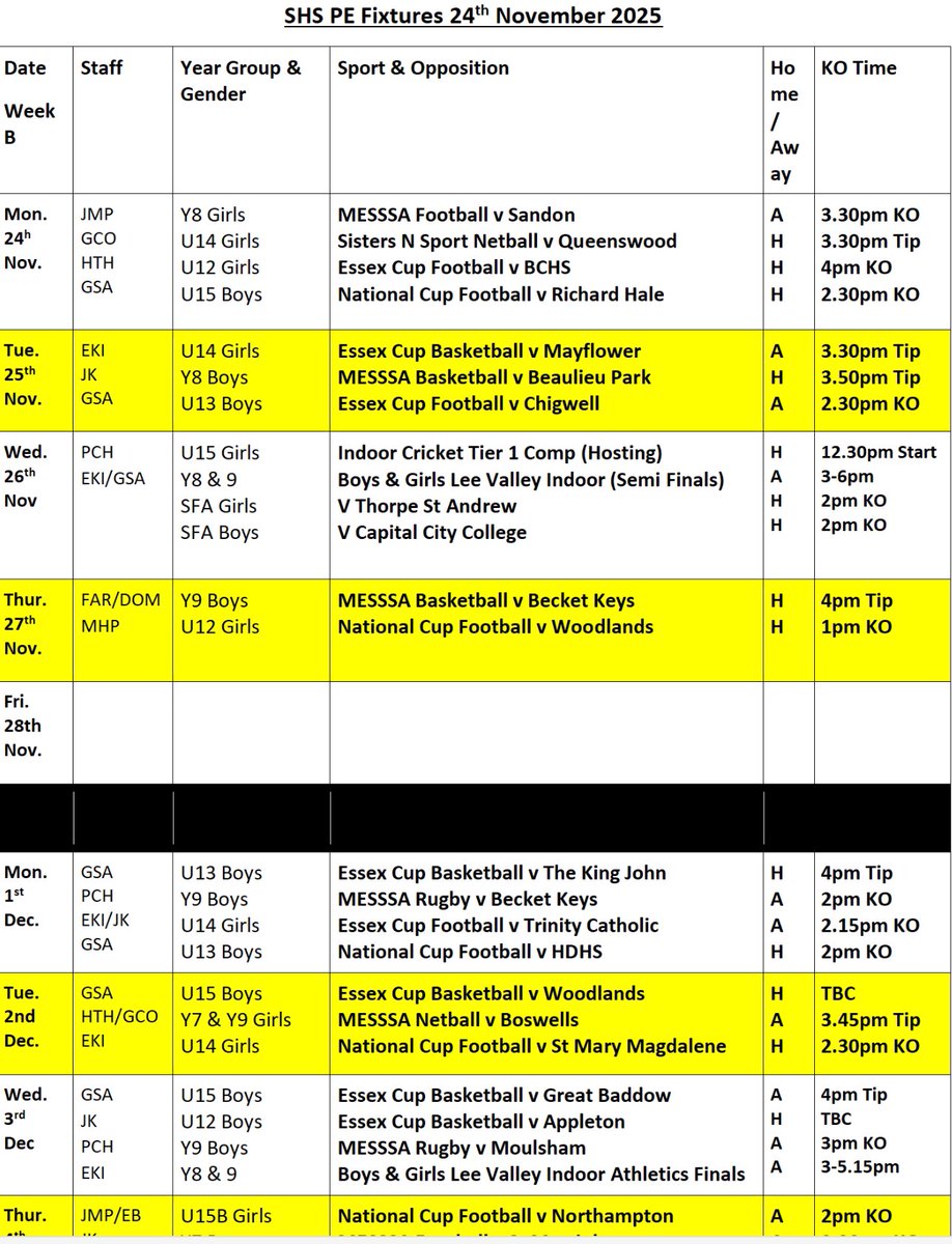 Fixtures for week beginning 24th Nov. 🏐🏀⚽️🏏🥇