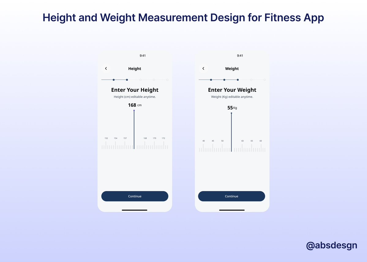 absdesgner's tweet image. Height and Weight measurement screens for a fitness app UI.
Clean, minimal, and easy to use—helping users set their profile data quickly and comfortably.

#UXDesign #UIDesign #AppDesign  #DailyUI #DesignInspiration #ProductDesign #UXUIDesign #MobileAppDesign #DesignerCommunity