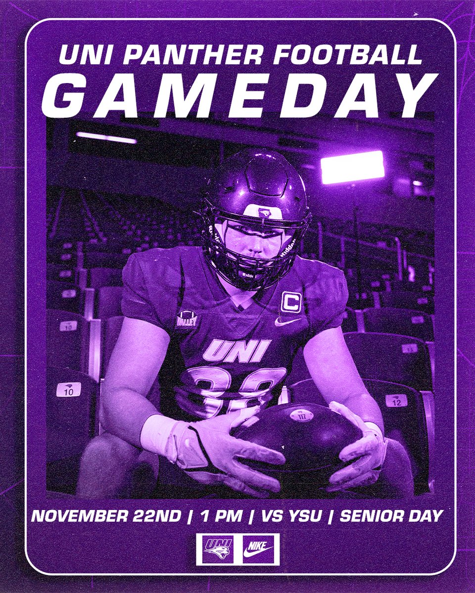 UNIFootball's tweet photo. One last ride! 💜💜

🆚: Youngstown State
📍: Cedar Falls, Iowa
🏟️: UNI-Dome
⏰: 1 p.m. CT
📺: https://t.co/MkmyxKJNHm
📻: https://t.co/Otrca8Owfv
📊: https://t.co/hfEAcl9BRn

#EverLoyal | #1UNI | #UNIFootball https://t.co/OFgwf5Guvz