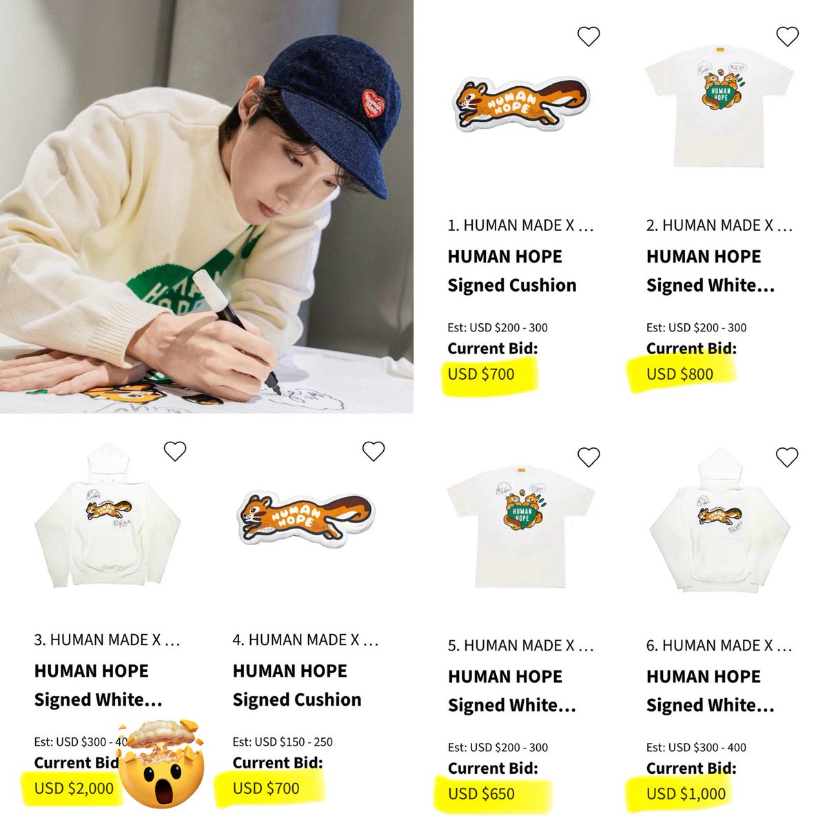 There’s still 9 days and 22 hours left, and the bids for the 6 HUMAN HOPE autographed pieces in the Joopiter special are crazy already‼️most are x4 their starting price and one hoodie is at $2K already🤯

*All net proceeds will benefit a charity chosen by Hobi.

HUMAN HOPE BY