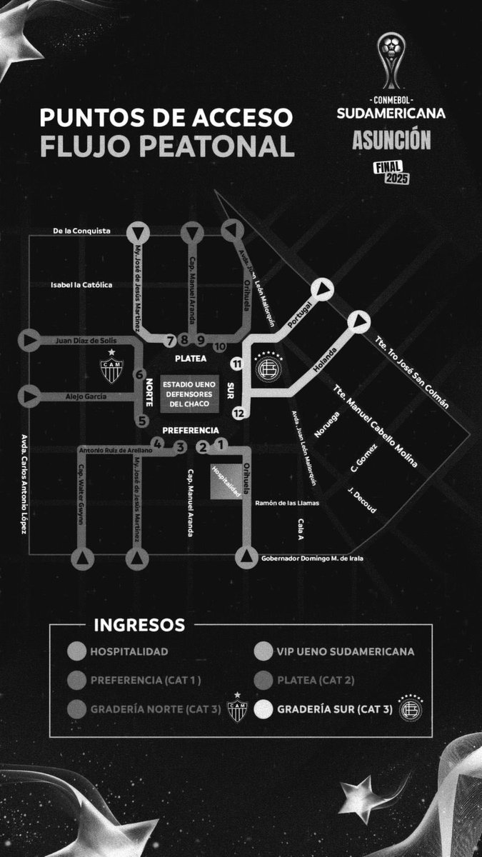 Massa! Atenção total nas ruas de acesso ao Defensores del Chaco! 🚨

O setor Gradería Norte (Cat3) é exclusivo para atleticanos, e o acesso deve ser feito pelas ruas Juan Díaz de Solís e Alejo García — utilizem esse trajeto para maior segurança.

Quem estiver nos setores mistos,