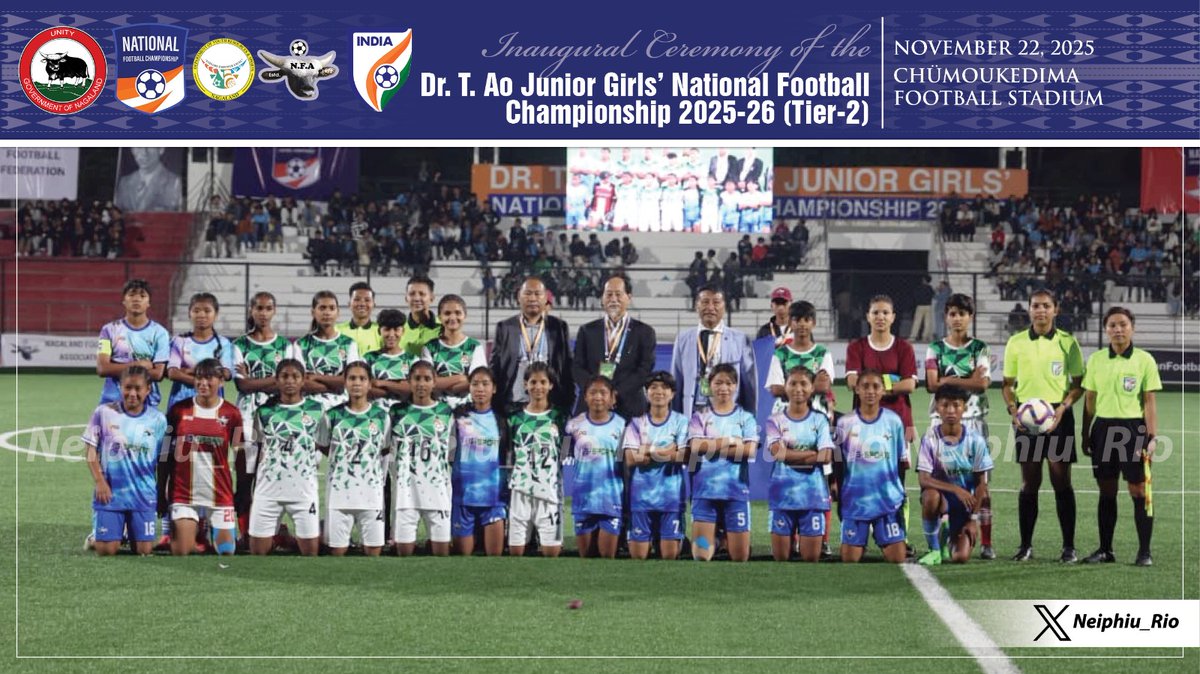 Neiphiu_Rio's tweet photo. Honoured to be a part of the @drtaotrophy Junior Girls' National Football Championship 2025. This marks the first time Nagaland is hosting a national football tournament, celebrating unity, strength, and sporting spirit showcased by talented young players from across the country. https://t.co/rqJDMEum4V
