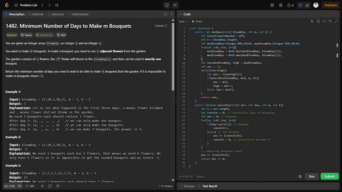 45NitinVerma's tweet image. Solved “Minimum Days to Make M Bouquets” on @LeetCode 
Approach:
✅ Binary Search on Answers
✅ Greedy check for consecutive flowers
✅ Find smallest day to make m bouquets
🧠 Time: O(n · log(maxDay - minDay))
💻 Space: O(1)

#DSA #Java #BinarySearch #CodingNinjas #ProblemSolving