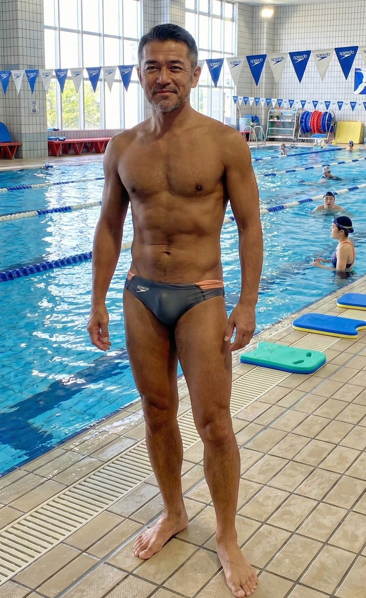 お前が急に泳ごうなんて誘うから…
水着なんて持ってねーよって言ったのに…
しょーがねーから、学生時代に履いてた競パン引っ張り出してきたぞ！！