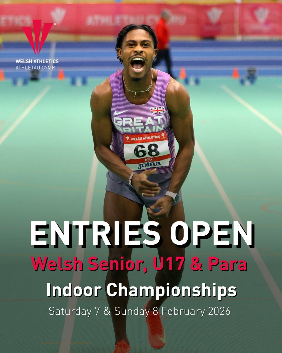 🚨Welsh Senior, U17 &amp; Para Indoor Championships entries are now open!

📆Saturday 7 &amp; Sunday 8 February 2026

🔗Don't miss your chance to compete, enter now via the link below. 👇
tinyurl.com/Senior-Indoor-… 

#WelshAthletics #SeniorChamps #WelshChamps #IndoorChamps